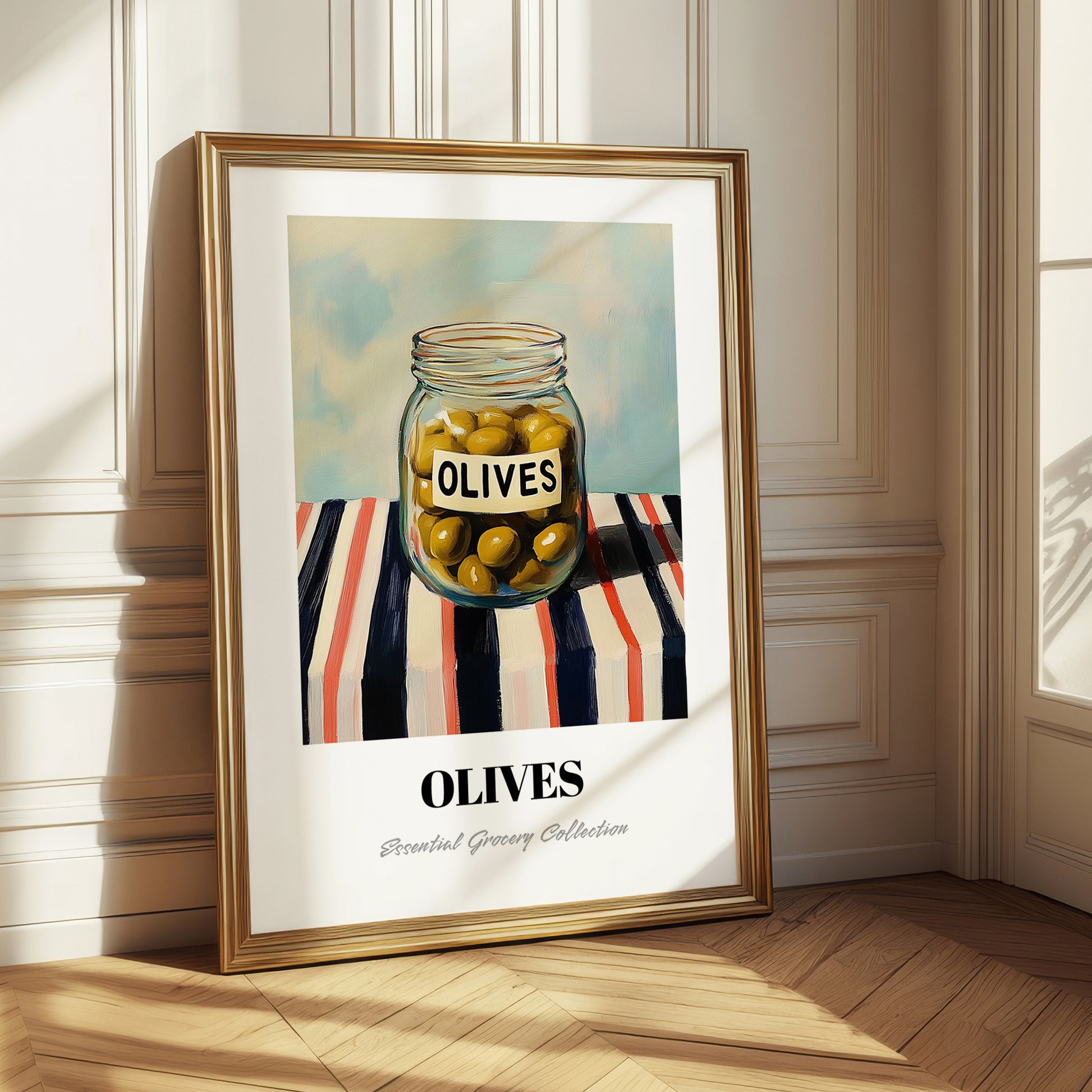 Olives – on Striped Tablecloth, Canned Vegetables Still Life