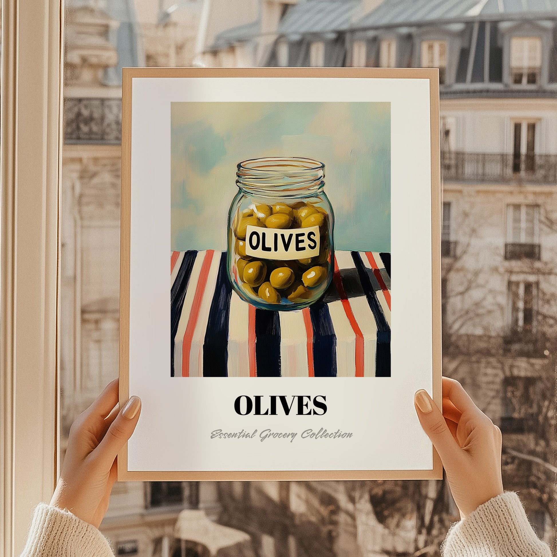 Olives – on Striped Tablecloth, Canned Vegetables Still Life, styled in a charming Paris street view