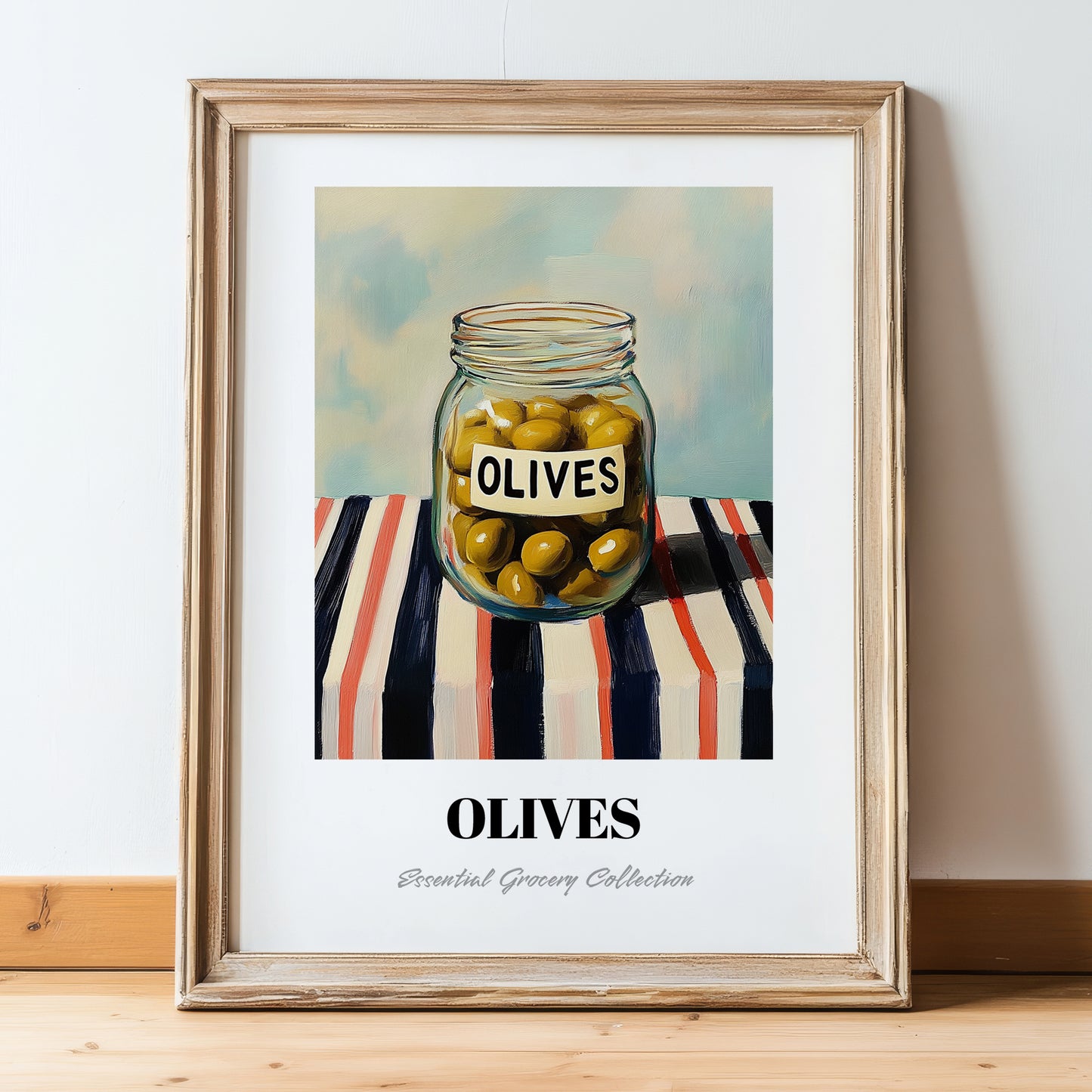 Olives – on Striped Tablecloth, Canned Vegetables Still Life, in wooden frame leaning on the floor