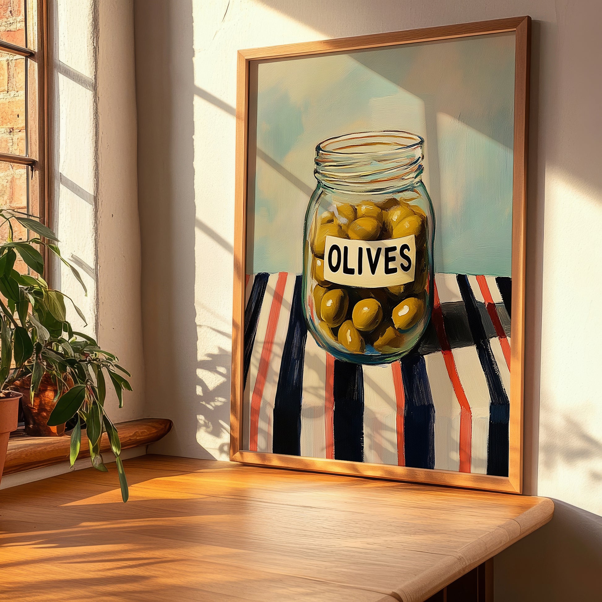 Olives – on Striped Tablecloth, Canned Vegetables Still Life, clean layout with no caption