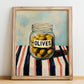 Olives – on Striped Tablecloth, Canned Vegetables Still Life, no-text version framed in wood