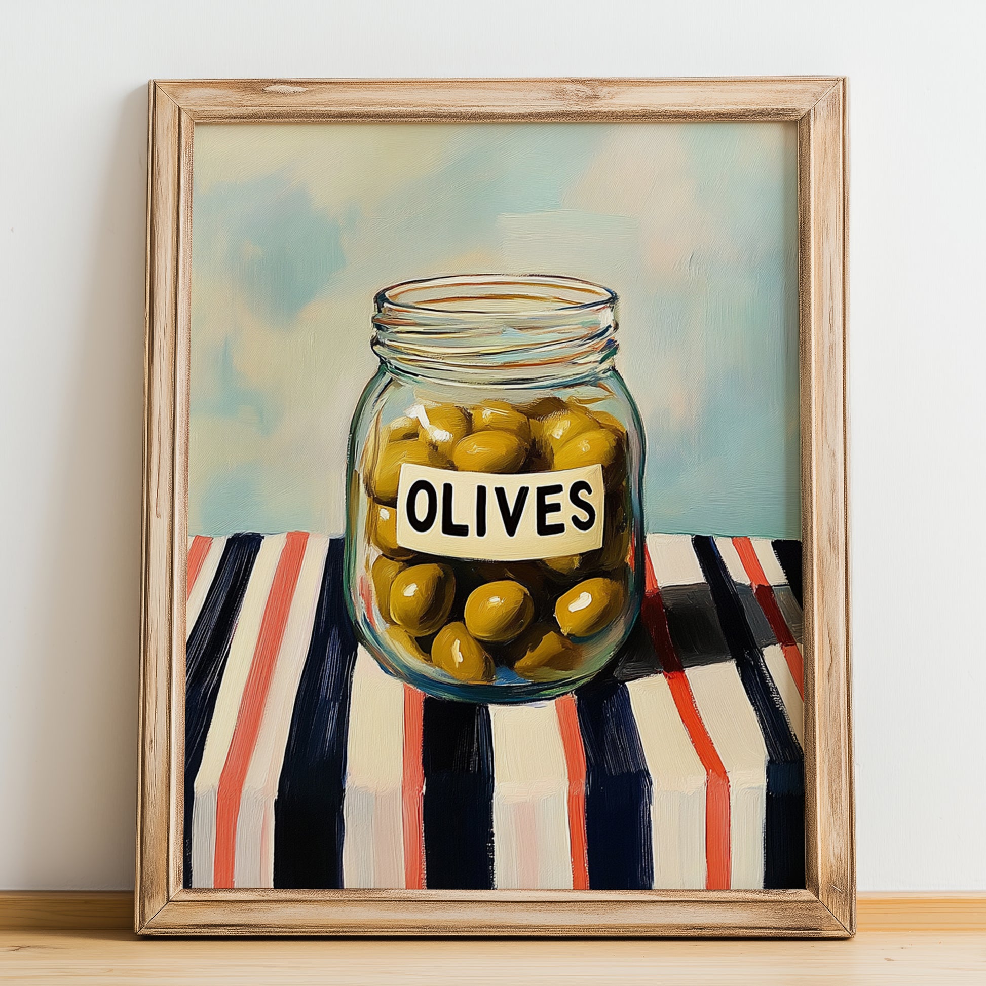 Olives – on Striped Tablecloth, Canned Vegetables Still Life, no-text version framed in wood