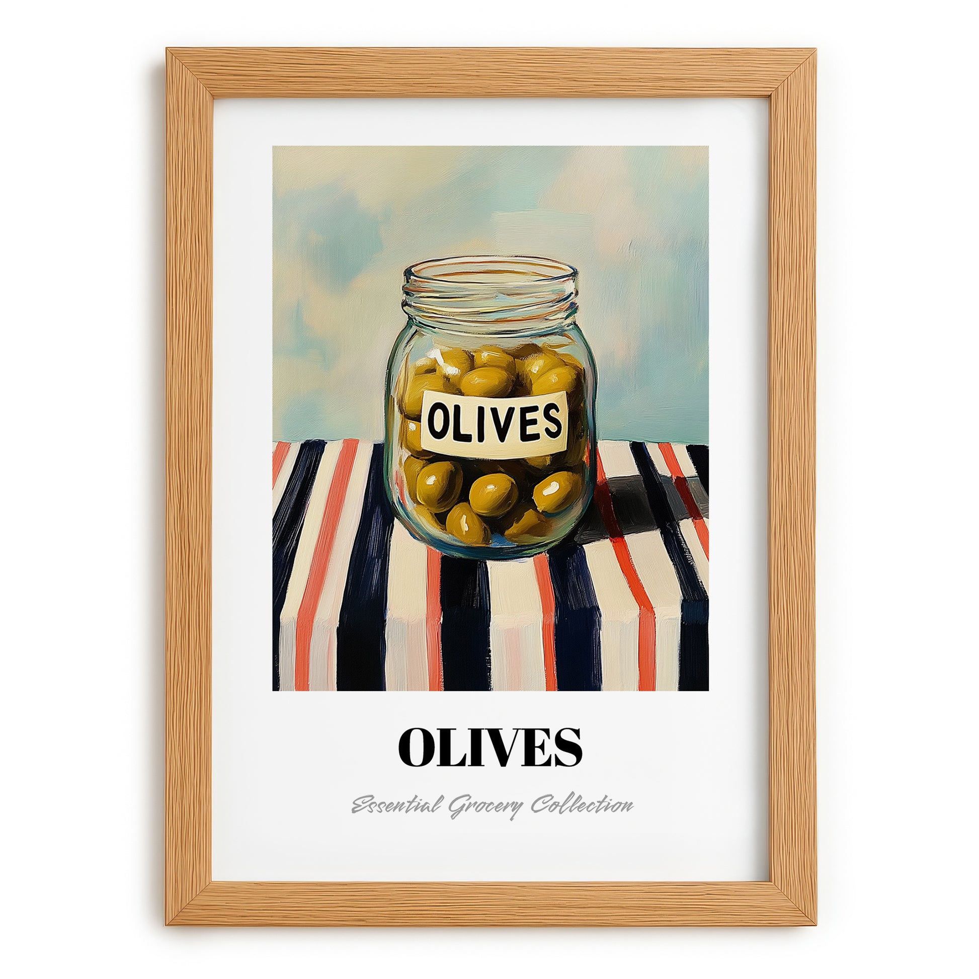 Olives – on Striped Tablecloth, Canned Vegetables Still Life, set in oak frame