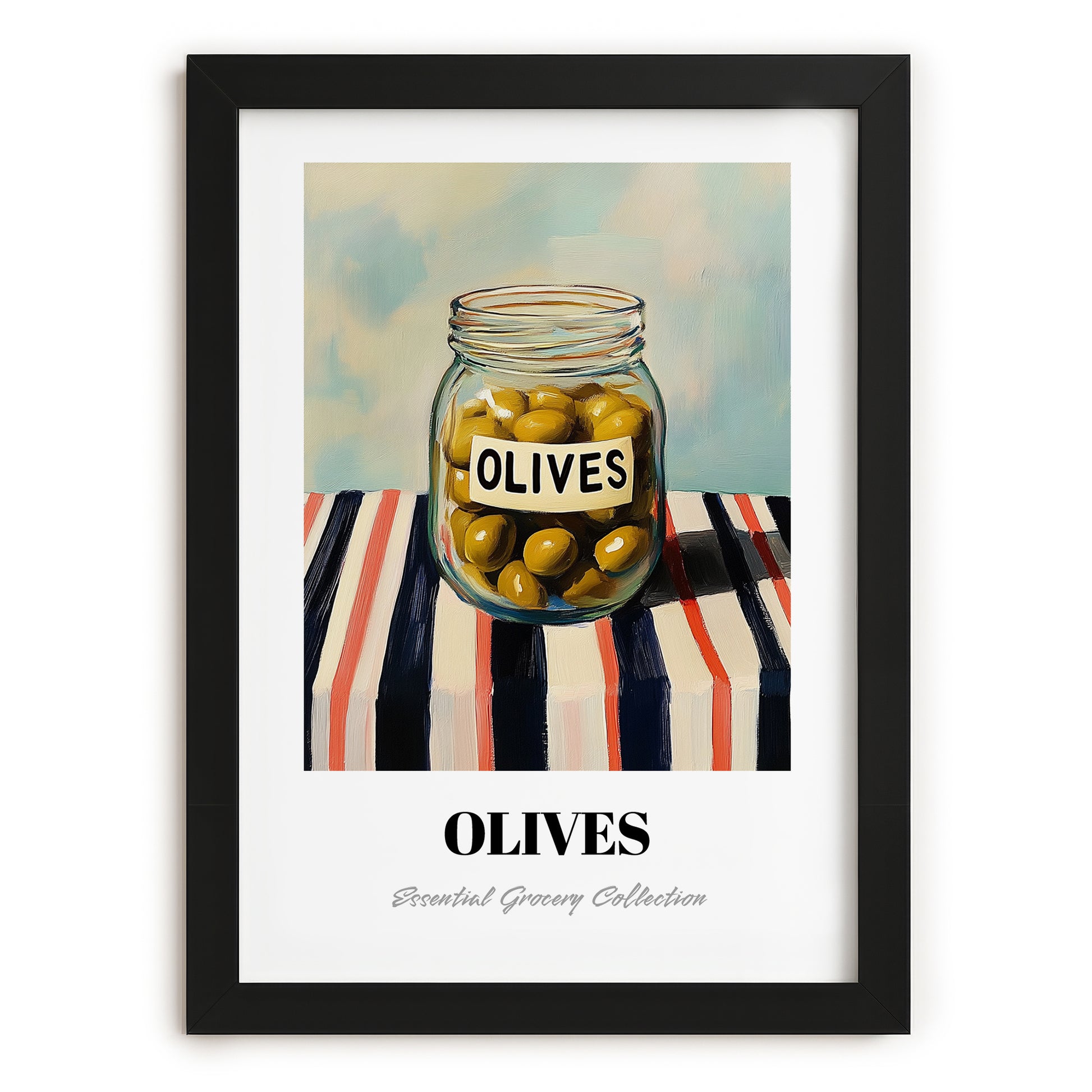 Olives – on Striped Tablecloth, Canned Vegetables Still Life, in sleek black frame