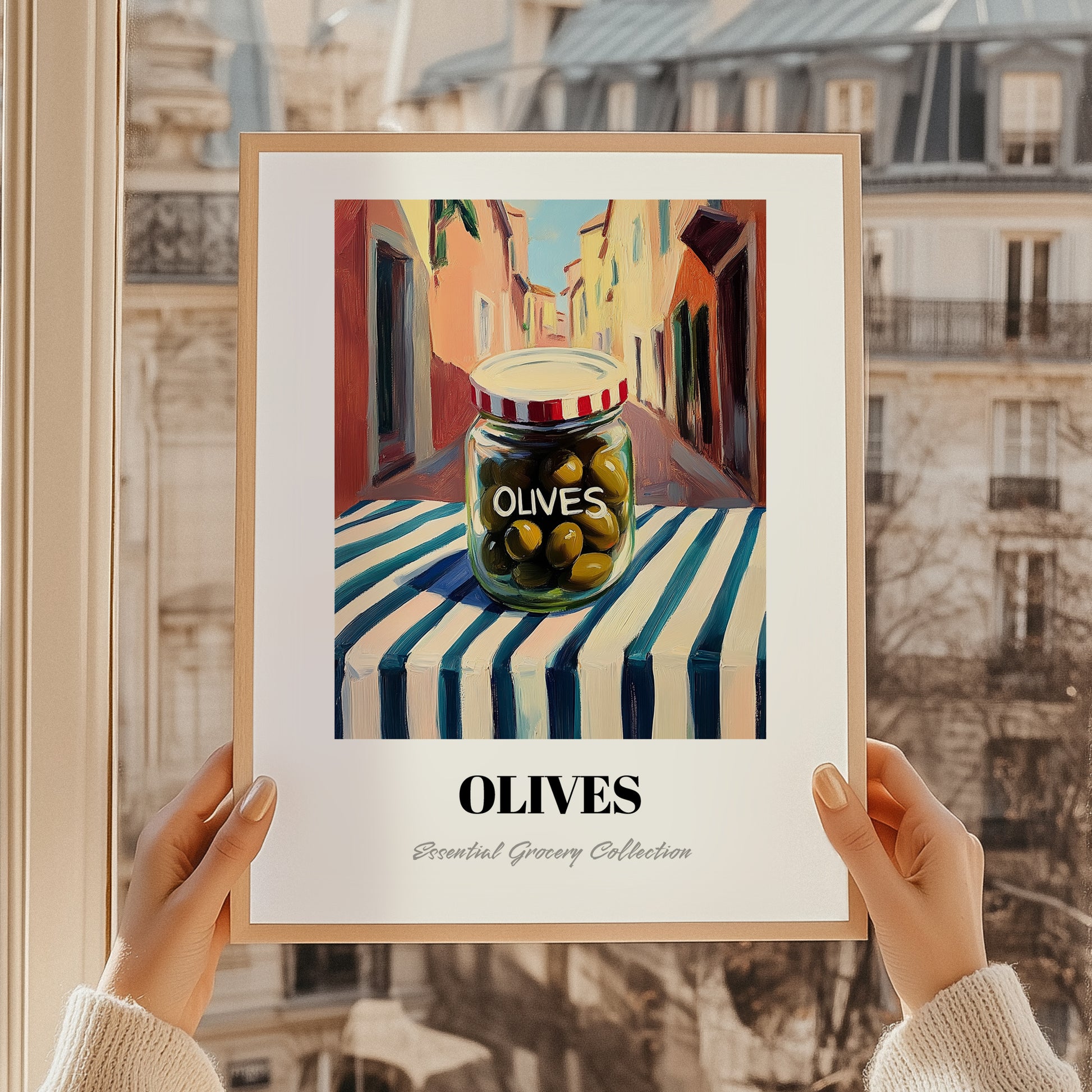 Olives – Italian Outdoor Café Scene, Canned Vegetables Print, styled in a charming Paris street view