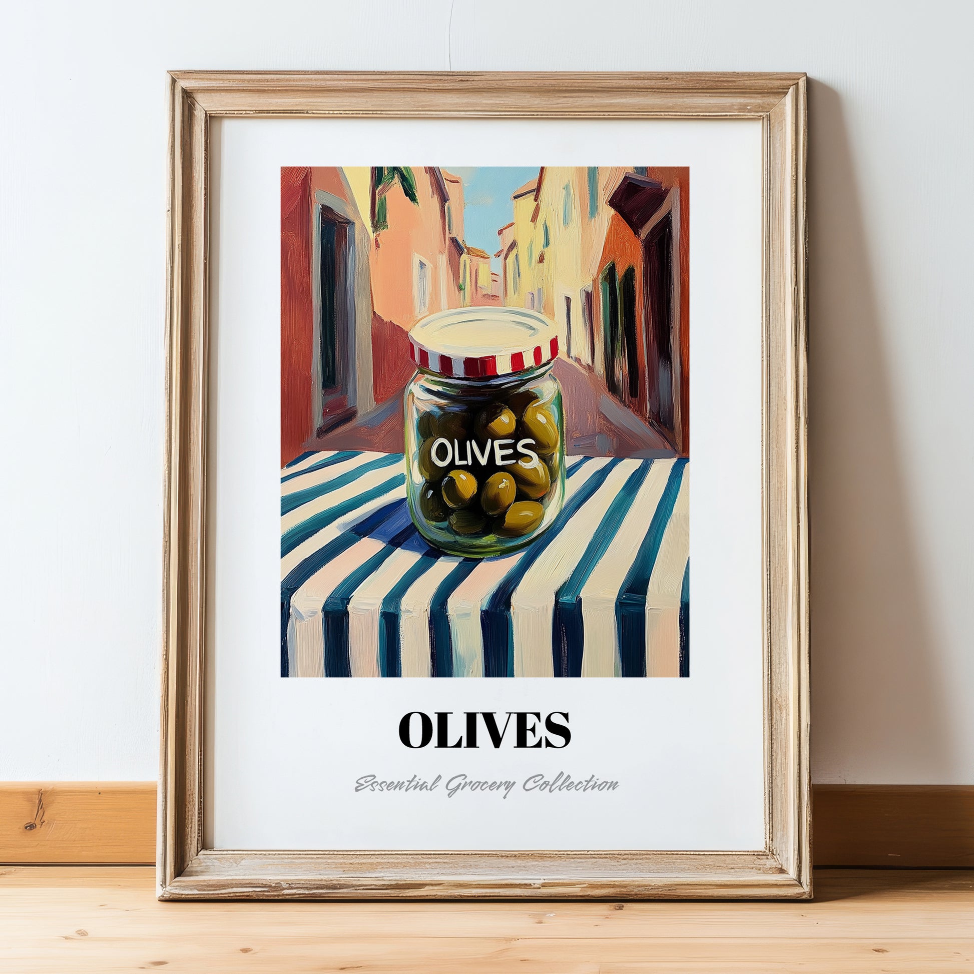 Olives – Italian Outdoor Café Scene, Canned Vegetables Print, in wooden frame leaning on the floor