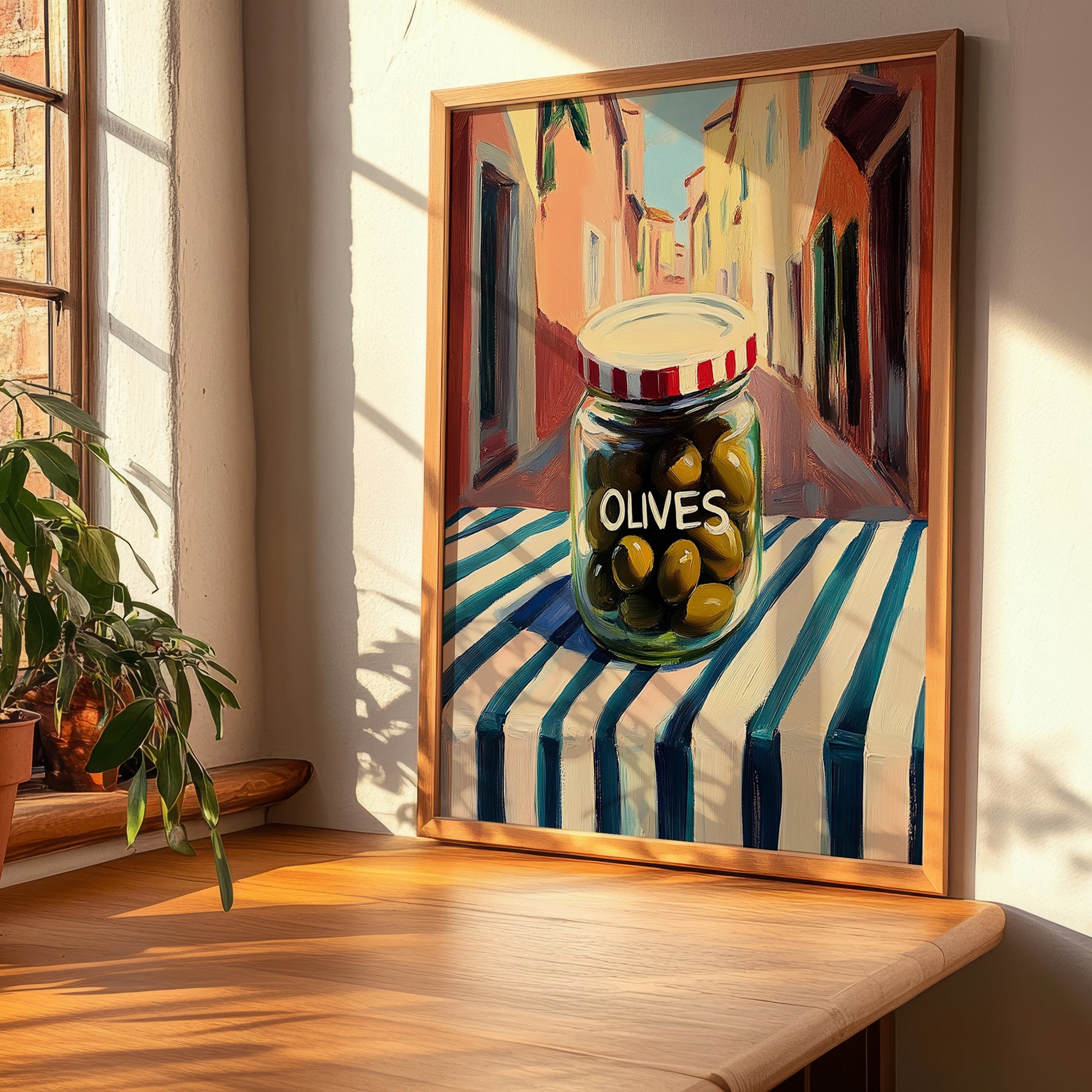 Olives – Italian Outdoor Café Scene, Canned Vegetables Print, clean layout with no caption