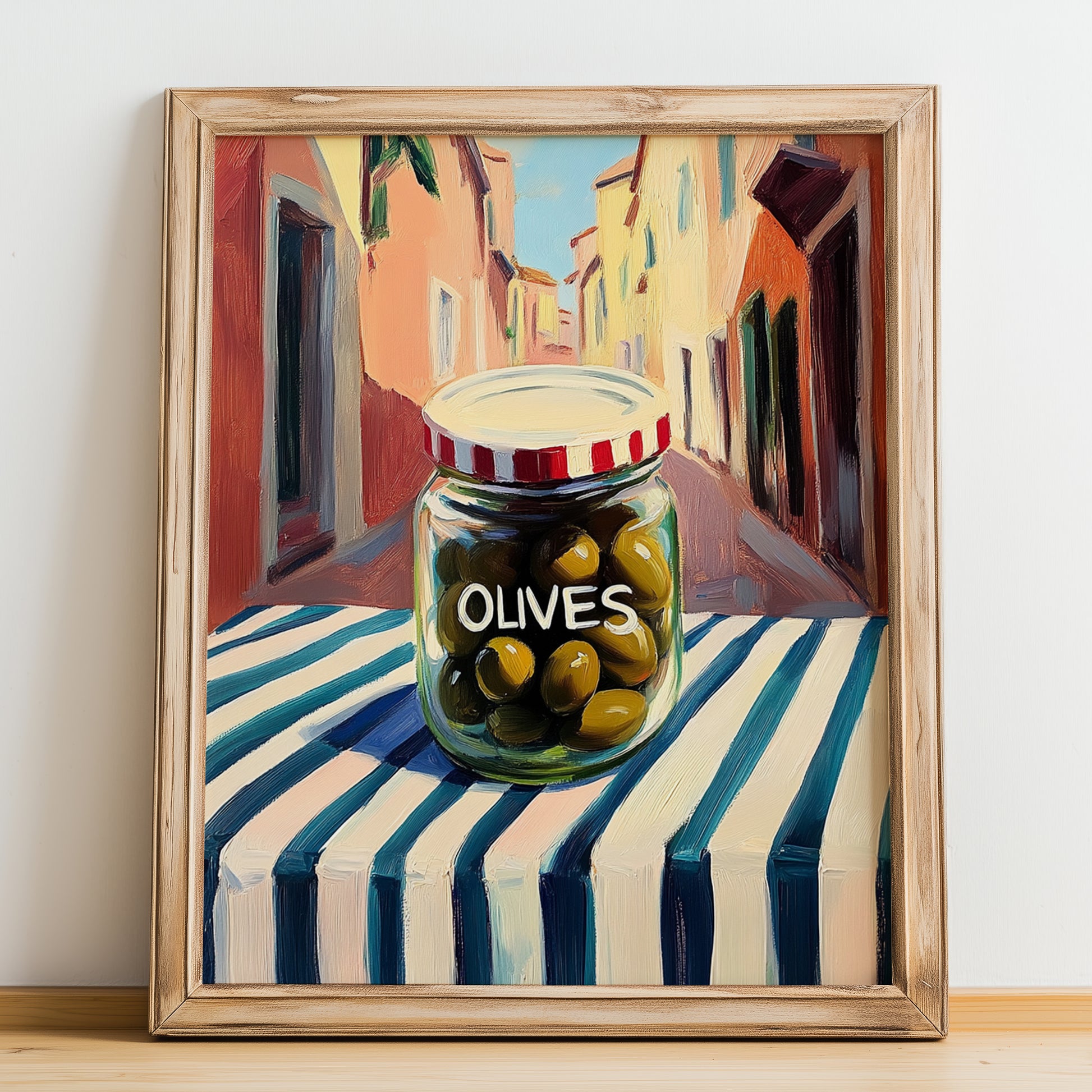 Olives – Italian Outdoor Café Scene, Canned Vegetables Print, no-text version framed in wood