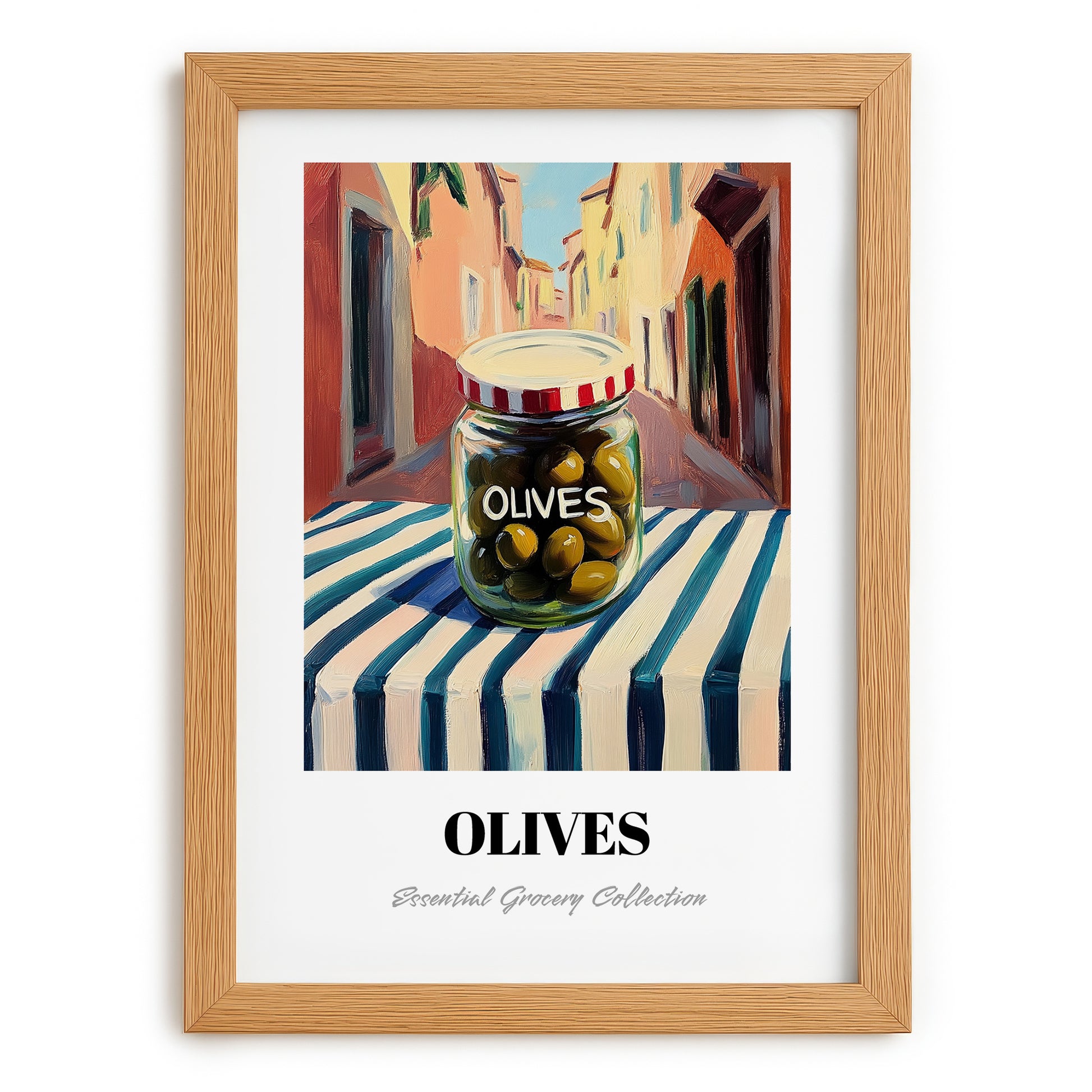 Olives – Italian Outdoor Café Scene, Canned Vegetables Print, set in oak frame