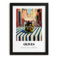 Olives – Italian Outdoor Café Scene, Canned Vegetables Print, in sleek black frame