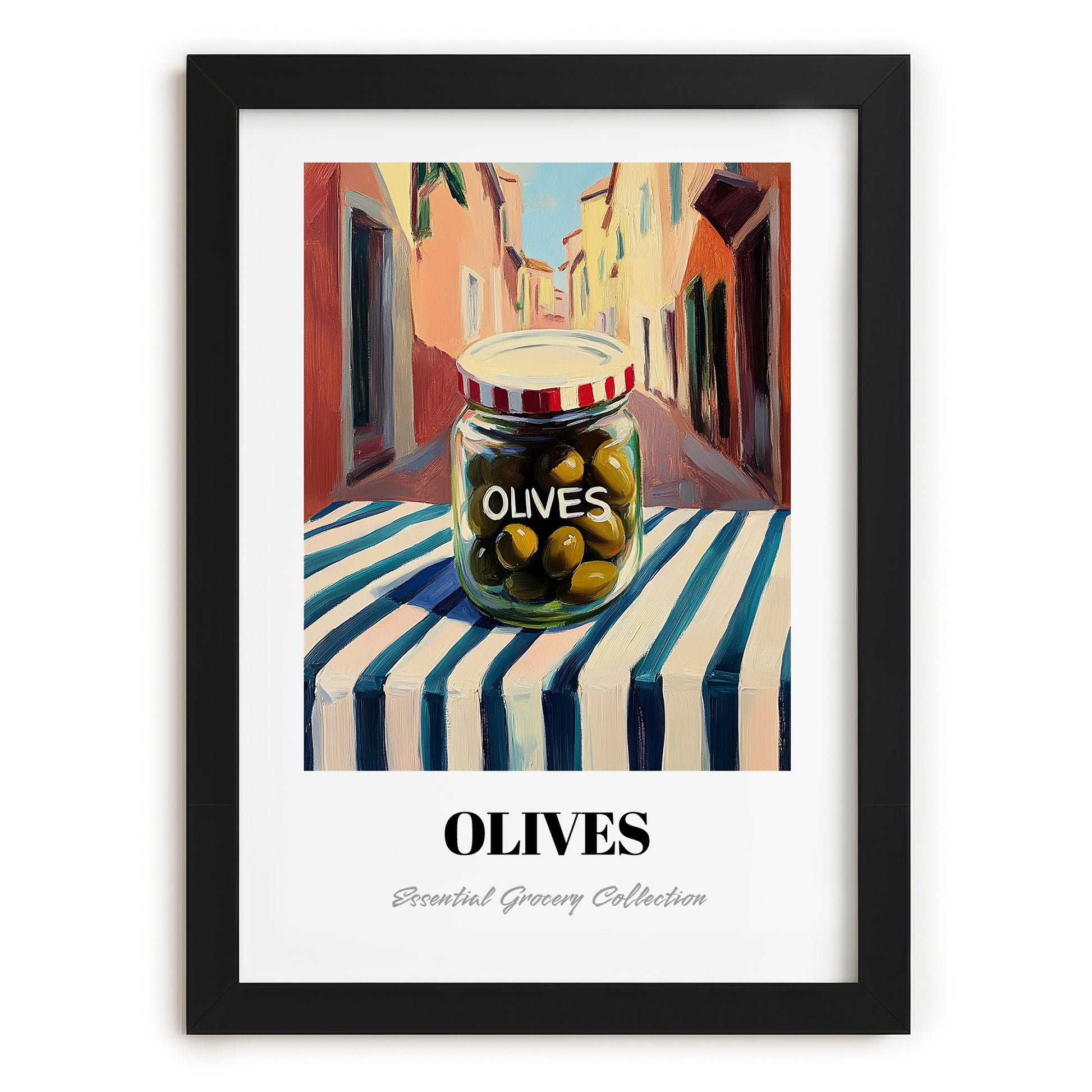Olives – Italian Outdoor Café Scene, Canned Vegetables Print, in sleek black frame