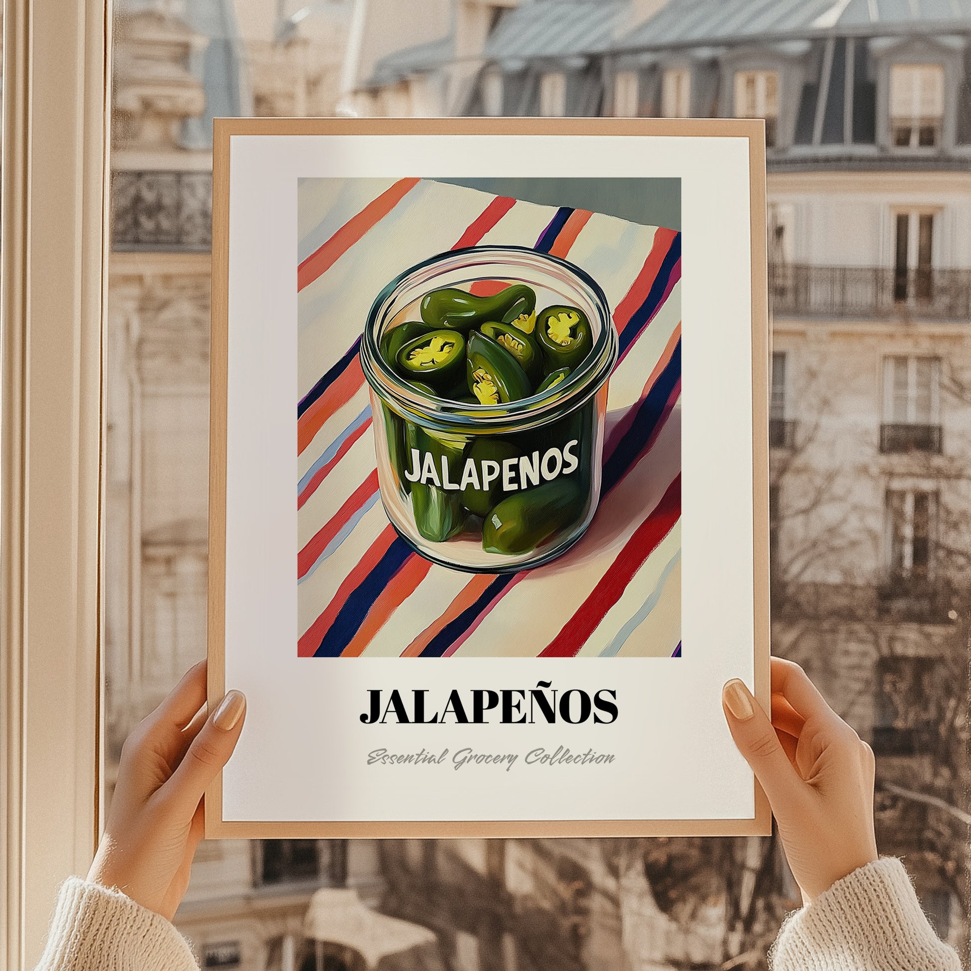 Jalapenos – on Striped Tablecloth, Bbq Painting, styled in a charming Paris street view