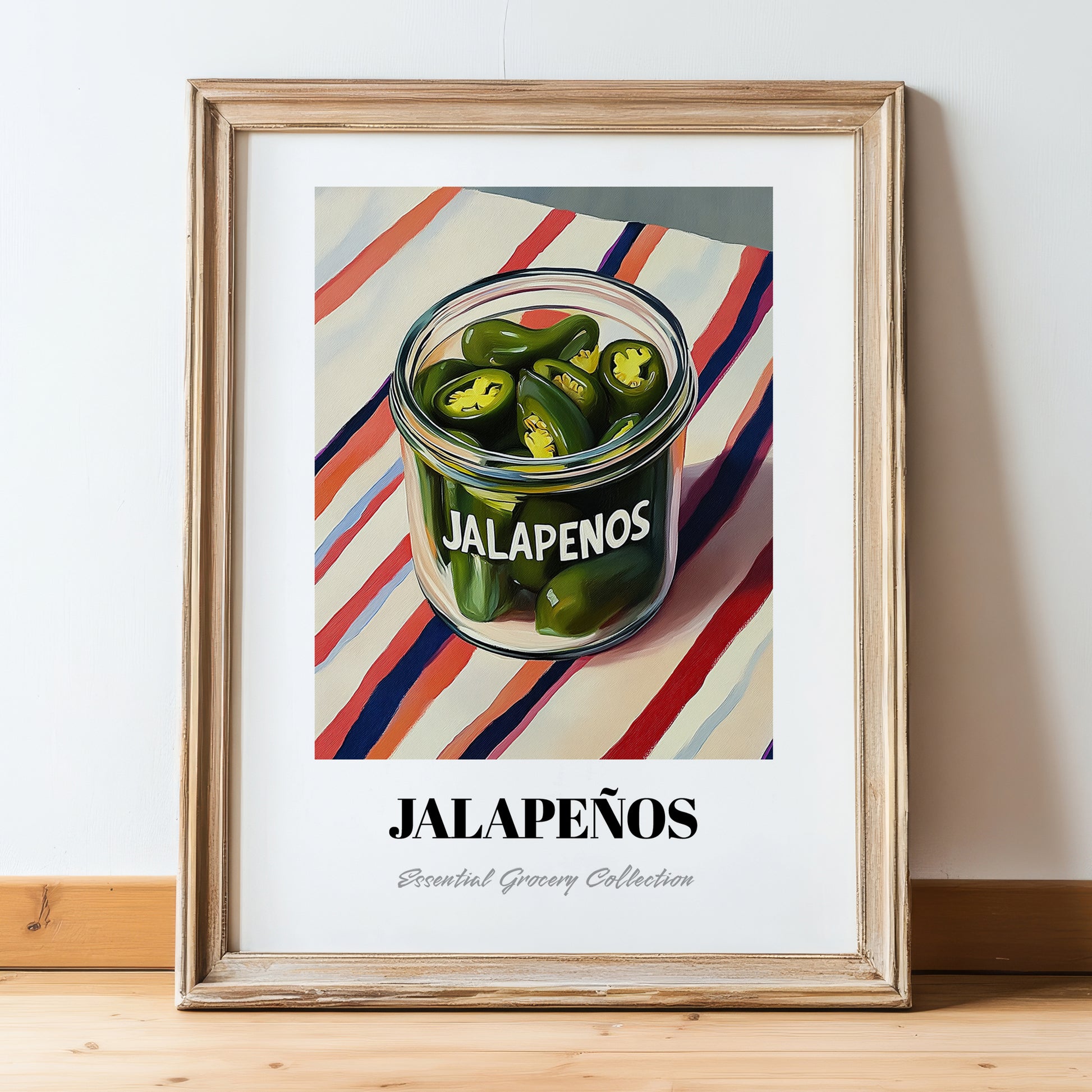 Jalapenos – on Striped Tablecloth, Bbq Painting, in wooden frame leaning on the floor