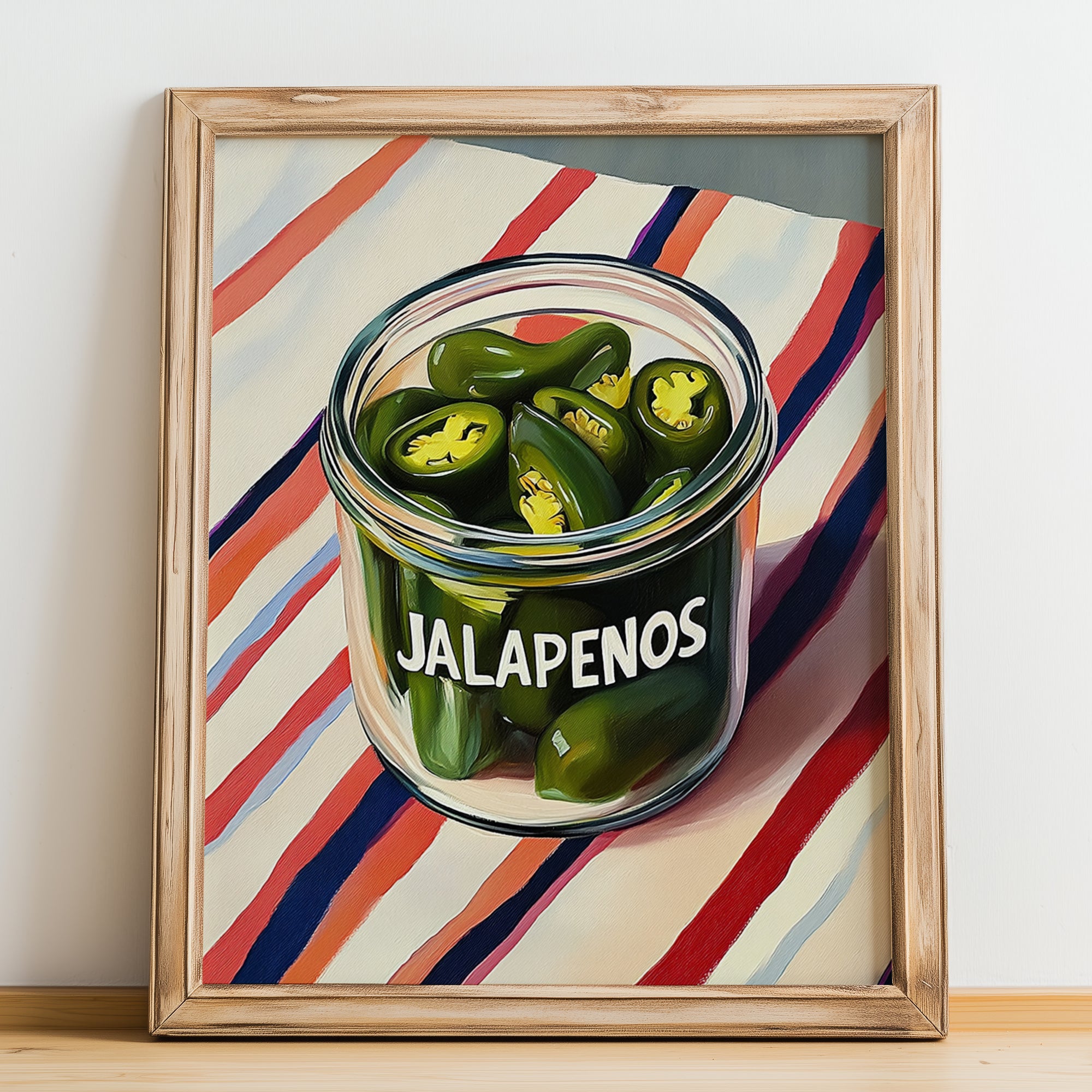 Jalapenos – on Striped Tablecloth, Bbq Painting, no-text version framed in wood