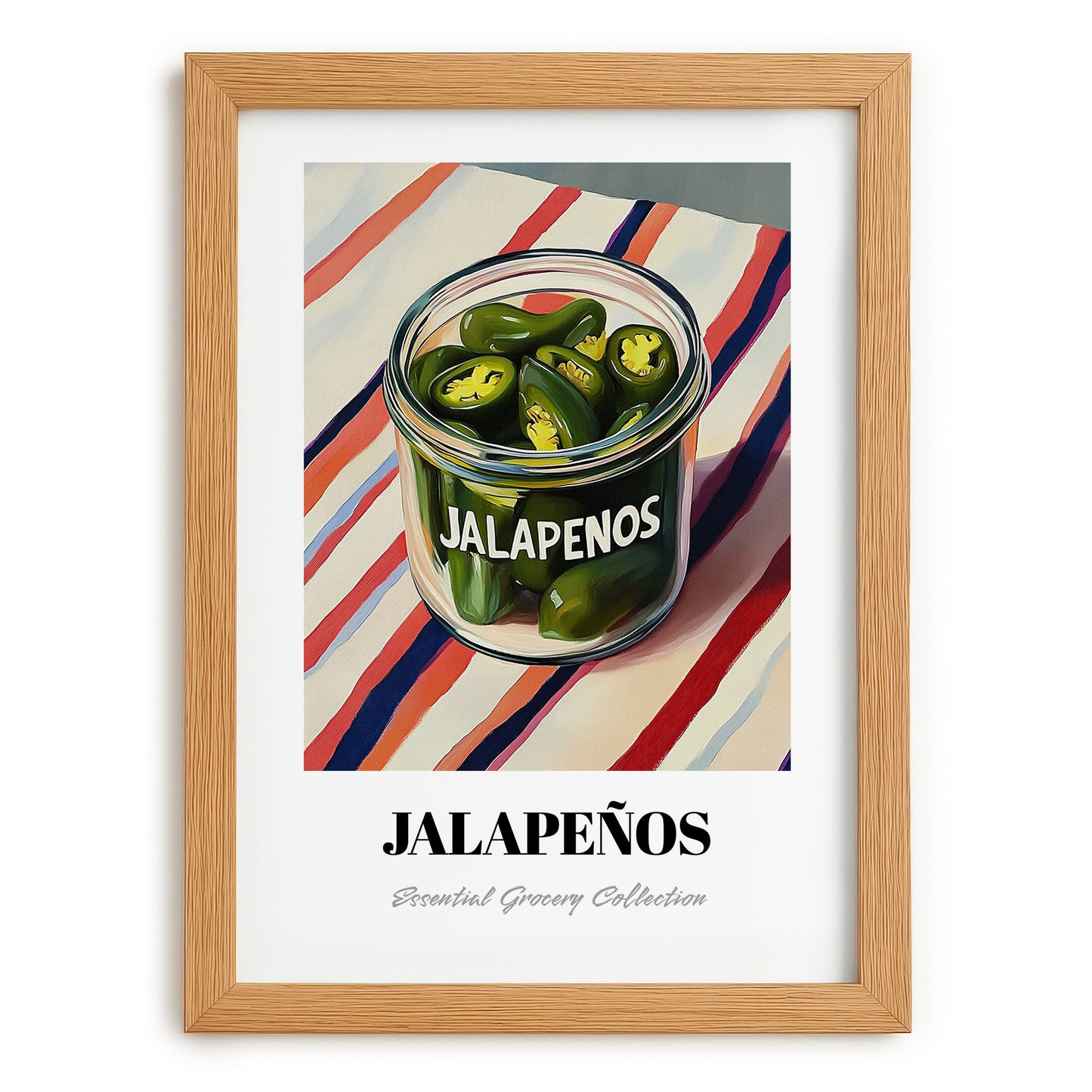 Jalapenos – on Striped Tablecloth, Bbq Painting, set in oak frame