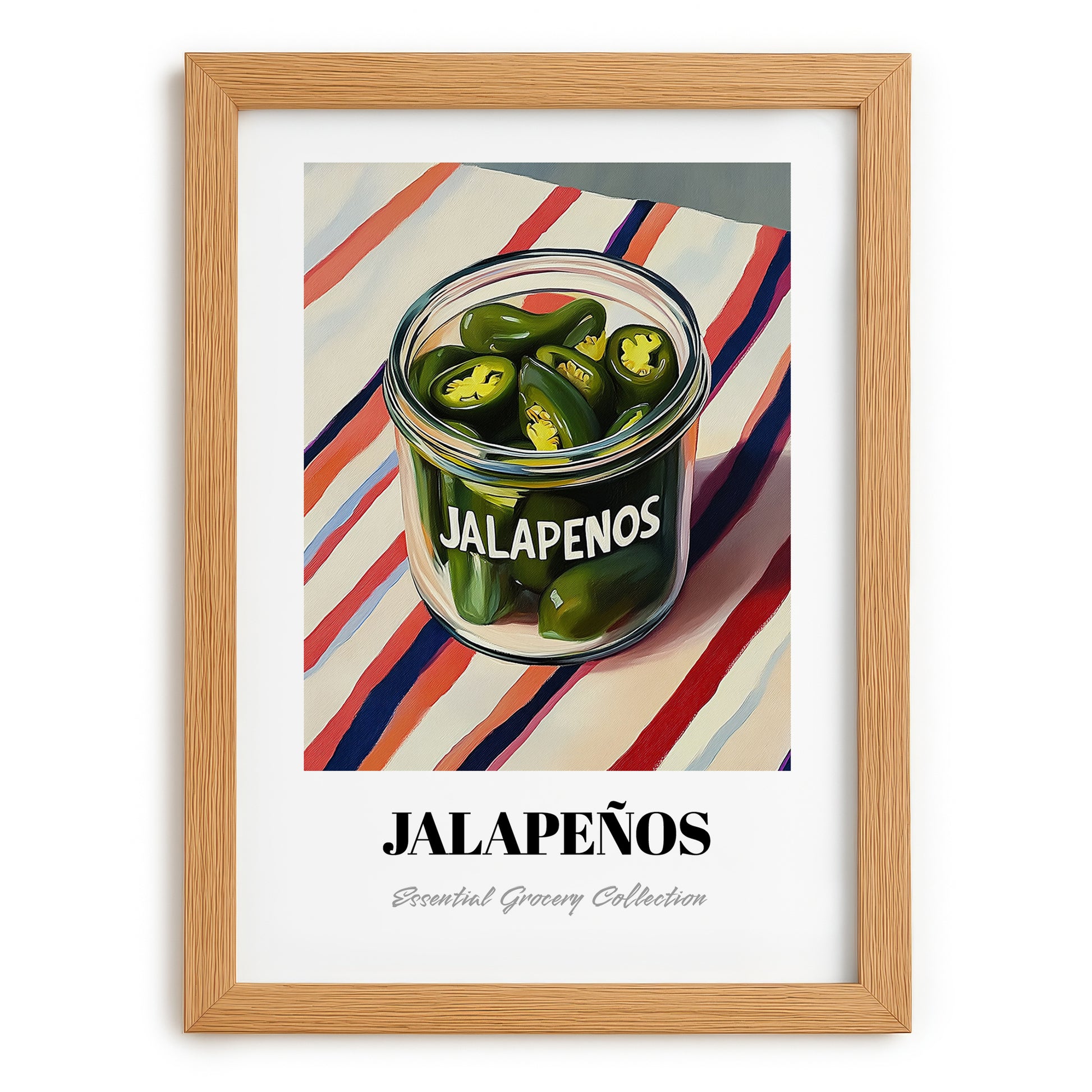 Jalapenos – on Striped Tablecloth, Bbq Painting, set in oak frame