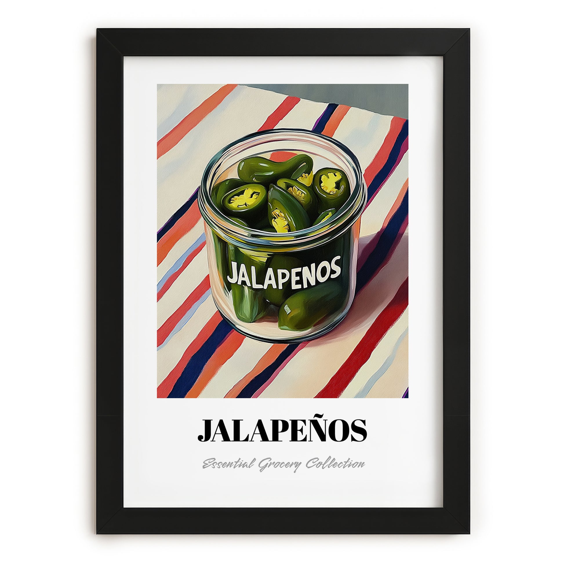 Jalapenos – on Striped Tablecloth, Bbq Painting, in sleek black frame