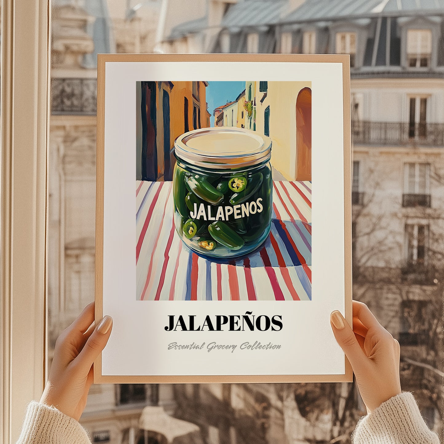 Jalapenos – Italian Urban Café Scene, Canned Vegetables Still Life, styled in a charming Paris street view