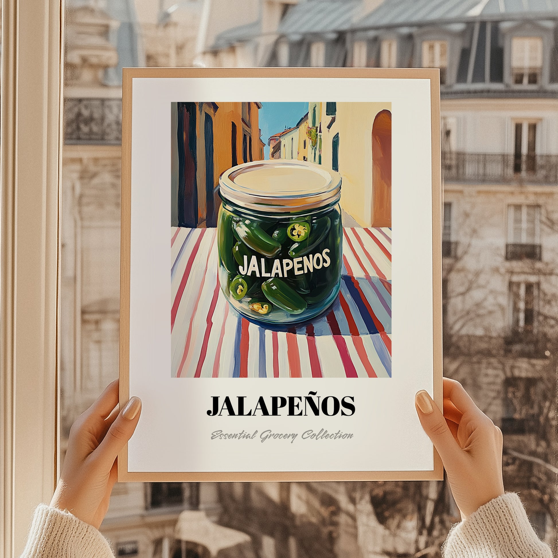 Jalapenos – Italian Urban Café Scene, Canned Vegetables Still Life, styled in a charming Paris street view
