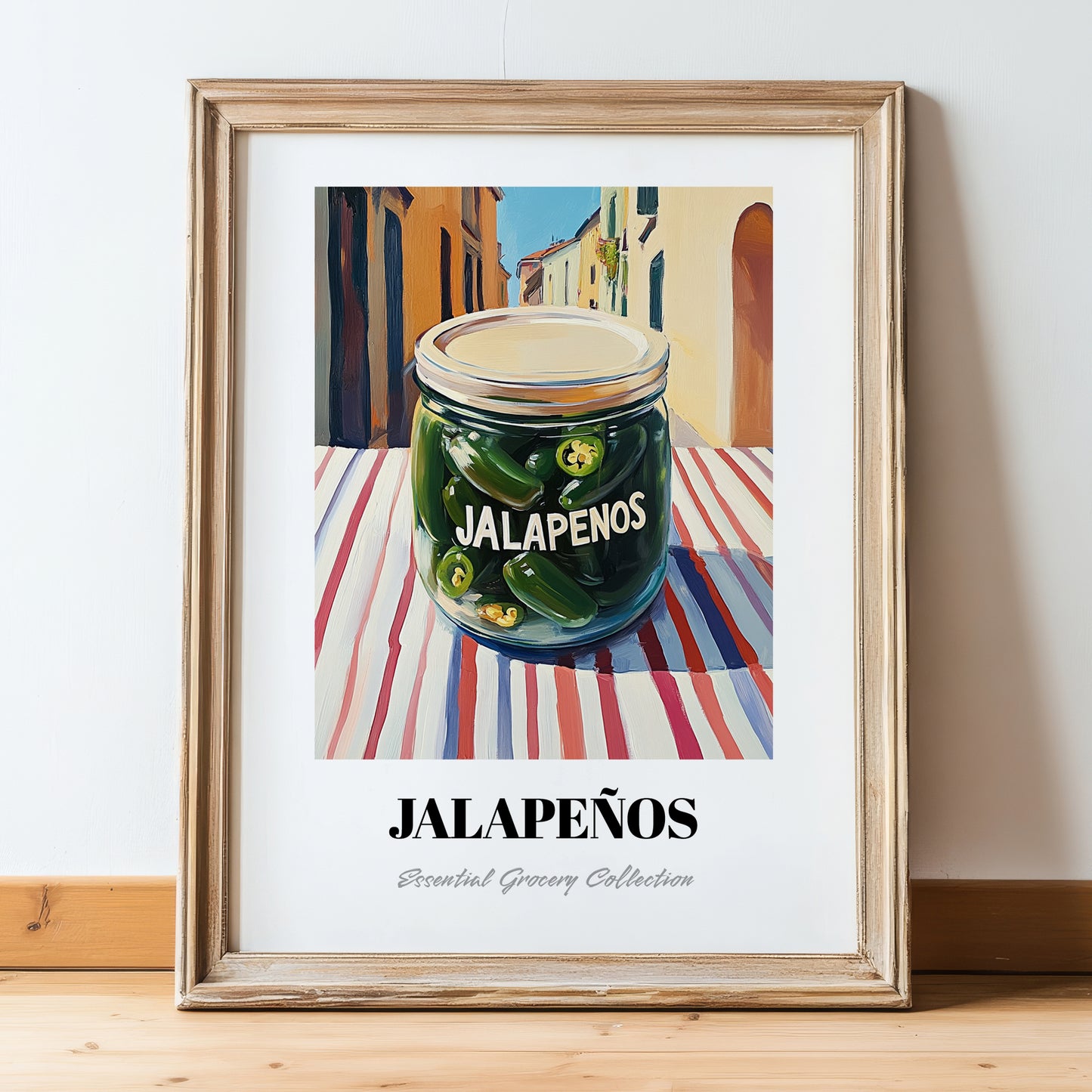 Jalapenos – Italian Urban Café Scene, Canned Vegetables Still Life, in wooden frame leaning on the floor