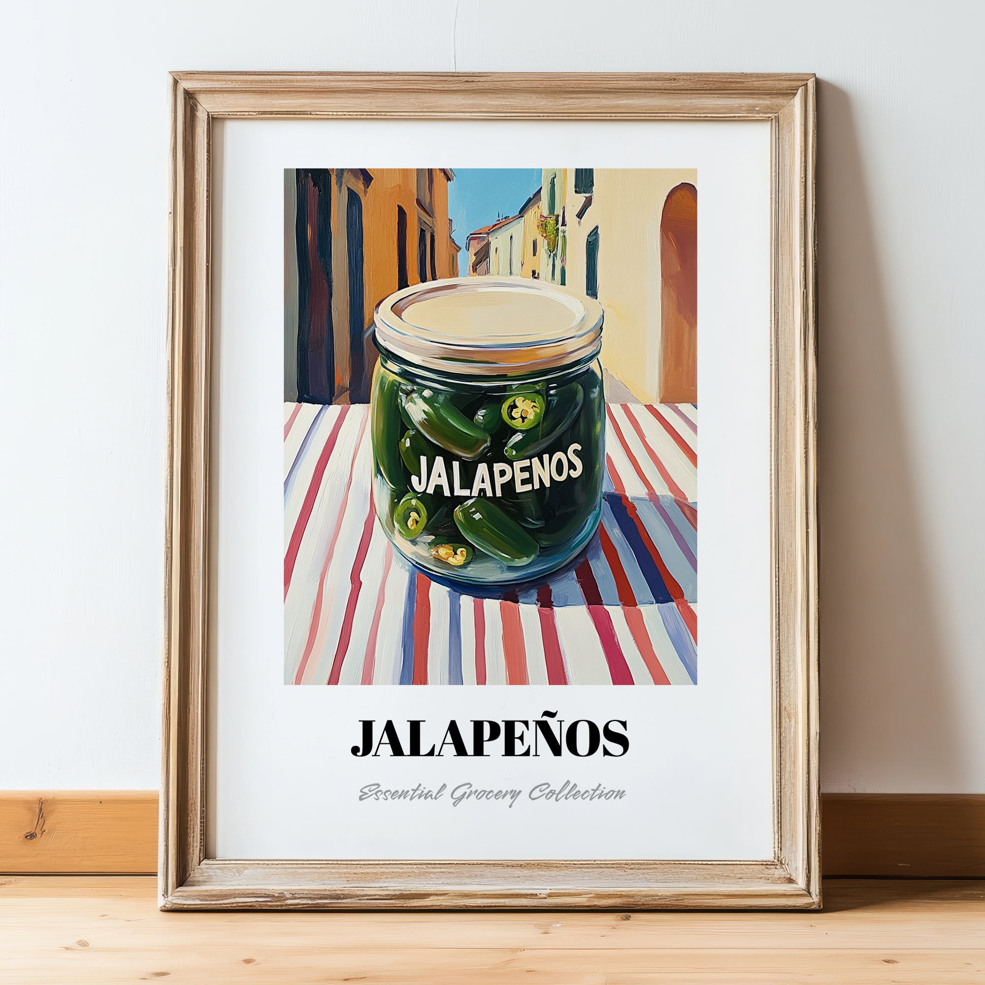 Jalapenos – Italian Urban Café Scene, Canned Vegetables Still Life, in wooden frame leaning on the floor