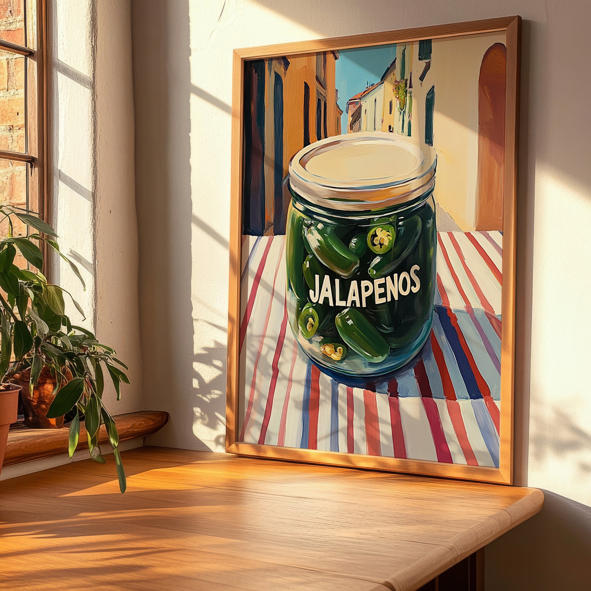 Jalapenos – Italian Urban Café Scene, Canned Vegetables Still Life, clean layout with no caption