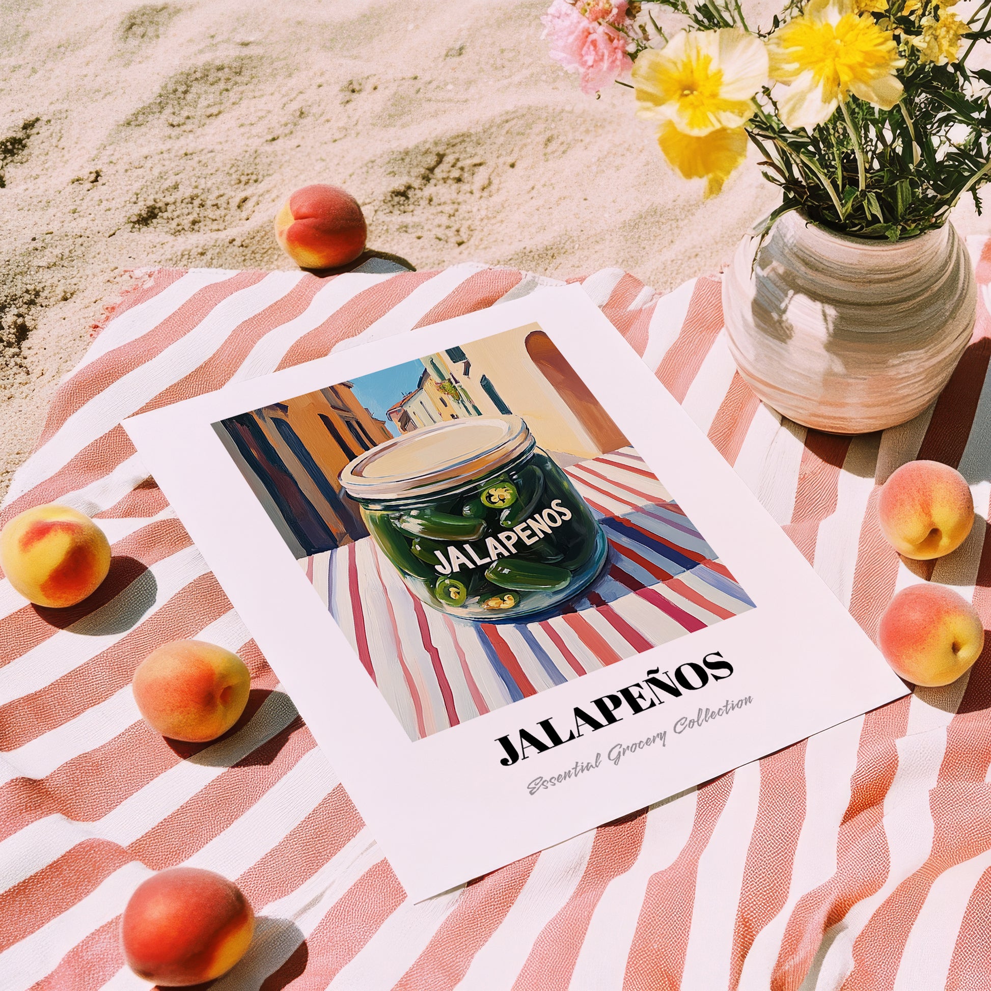 Jalapenos – Italian Urban Café Scene, Canned Vegetables Still Life, unframed on coastal sand