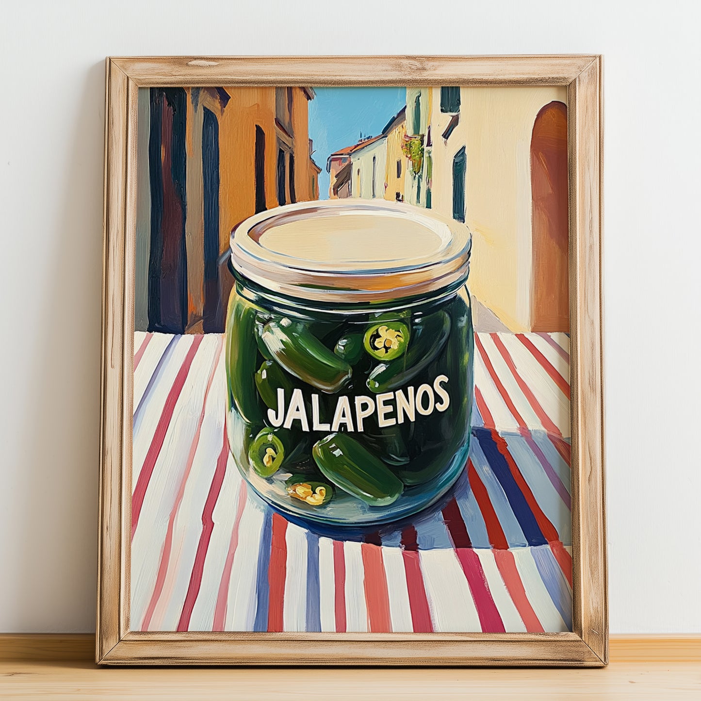 Jalapenos – Italian Urban Café Scene, Canned Vegetables Still Life, no-text version framed in wood