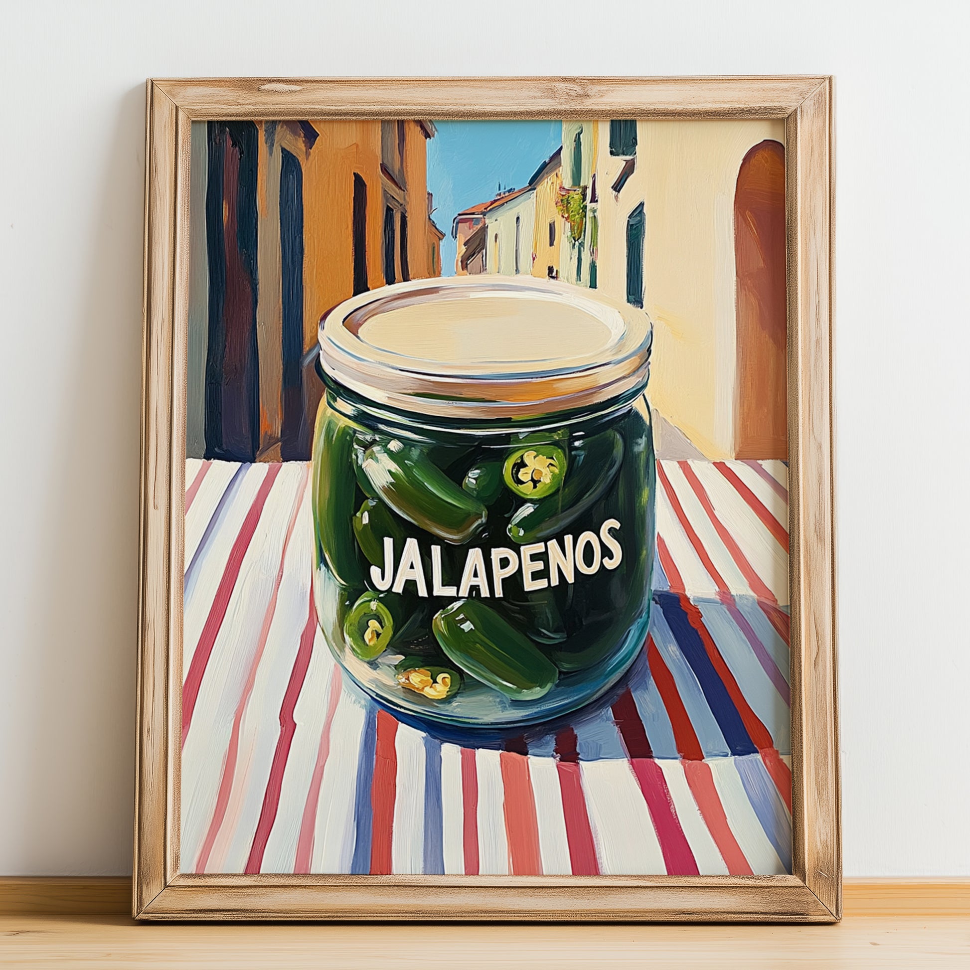 Jalapenos – Italian Urban Café Scene, Canned Vegetables Still Life, no-text version framed in wood