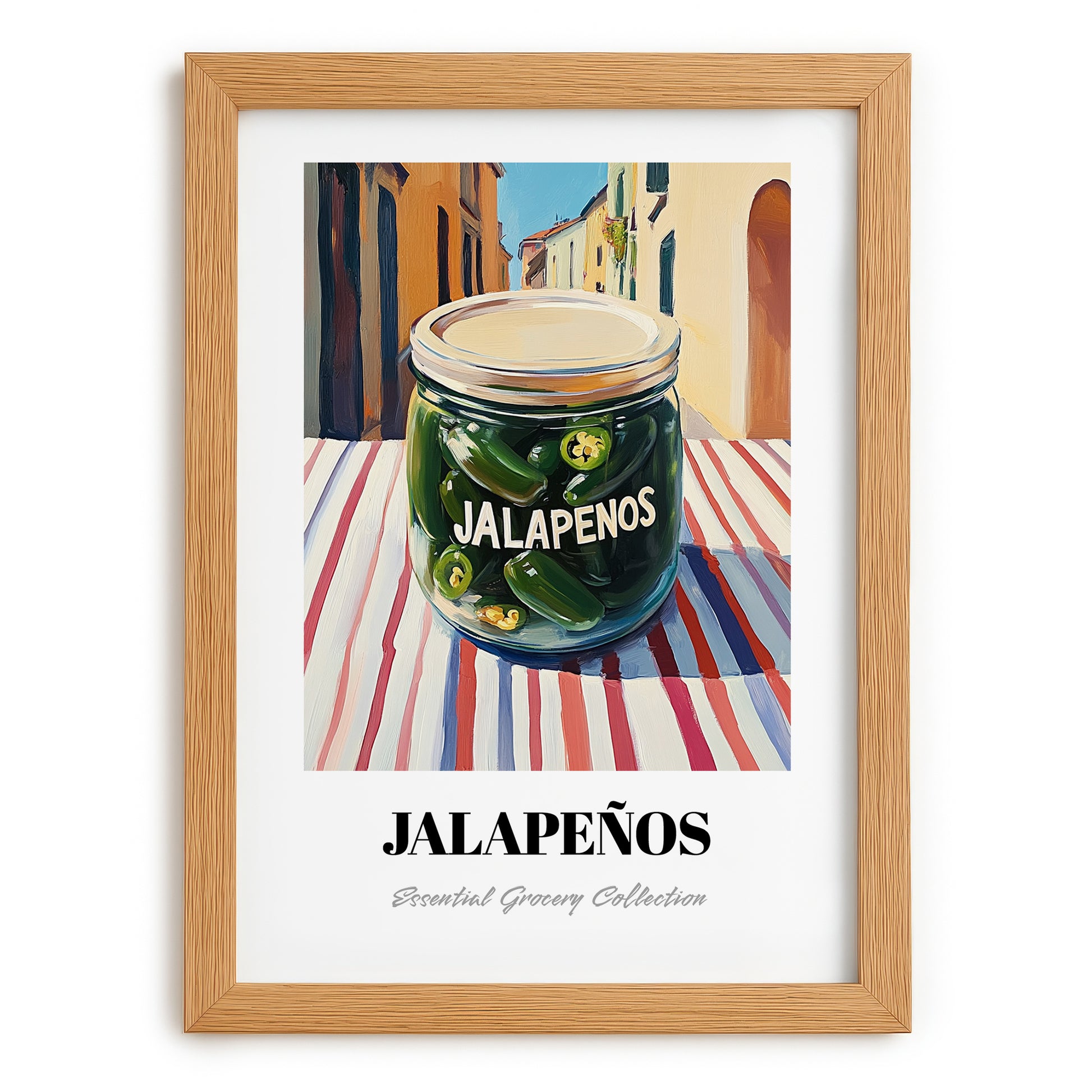 Jalapenos – Italian Urban Café Scene, Canned Vegetables Still Life, set in oak frame