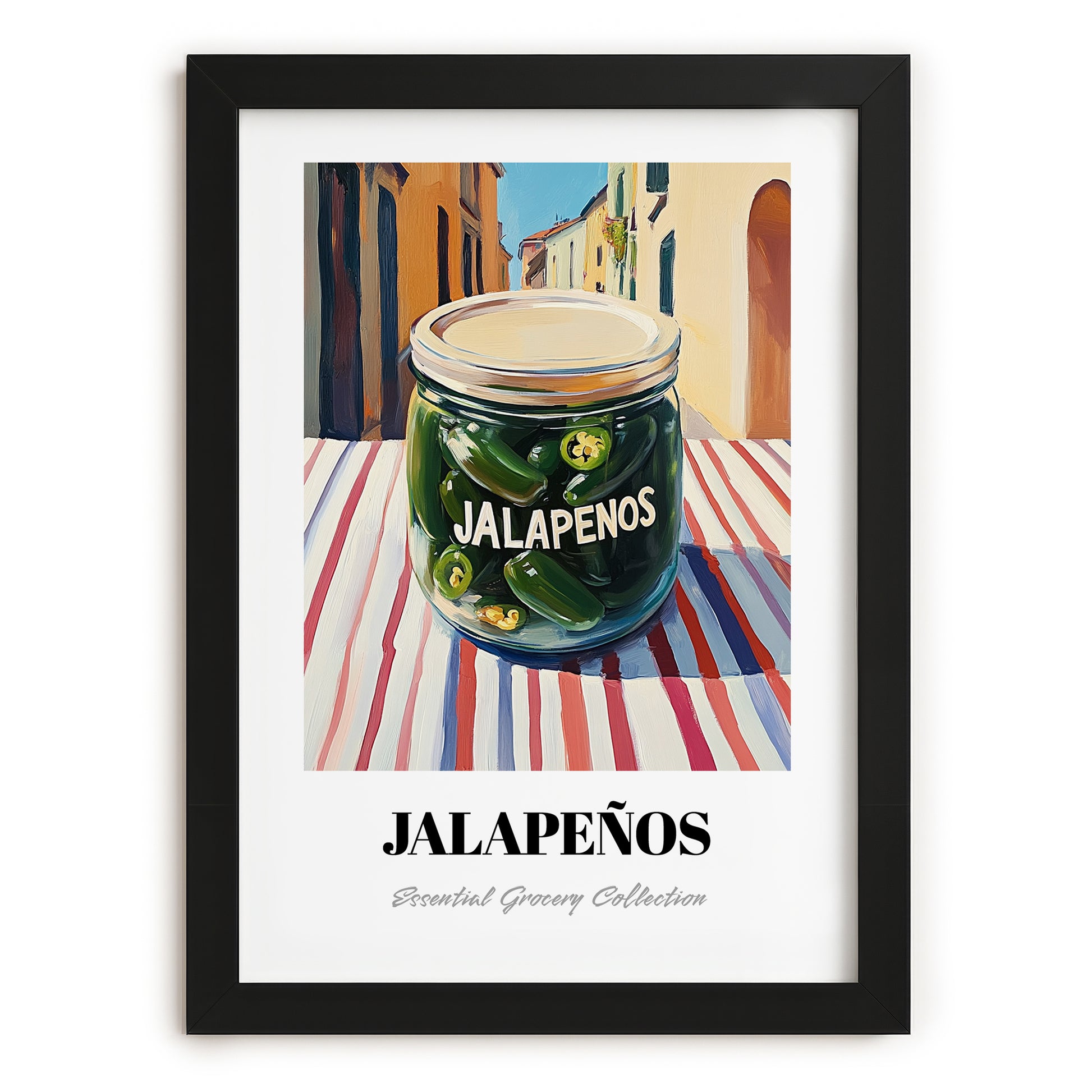 Jalapenos – Italian Urban Café Scene, Canned Vegetables Still Life, in sleek black frame