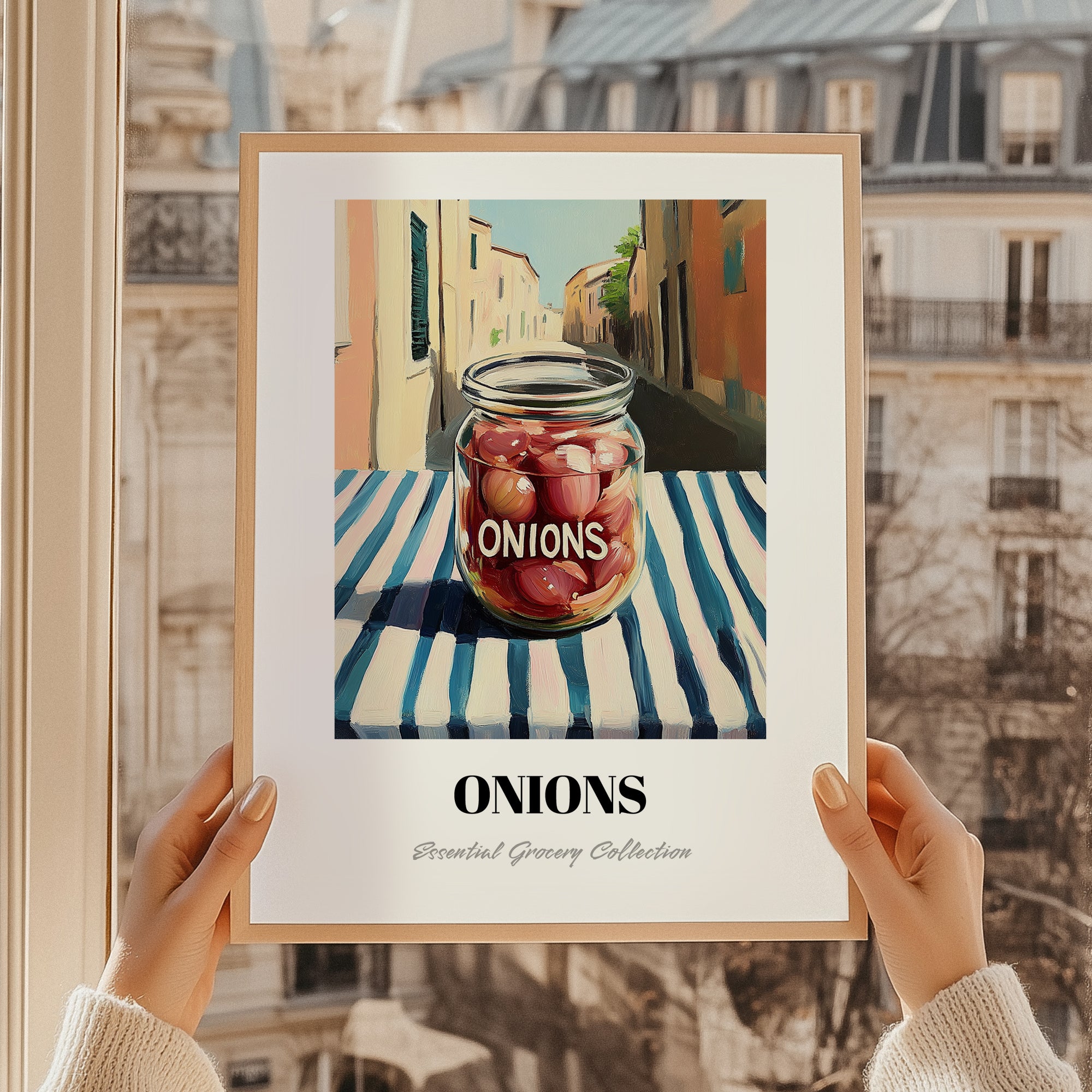 Onions – Italian Street Café Scene, Canned Vegetables Wall Poster, styled in a charming Paris street view
