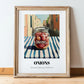 Onions – Italian Street Café Scene, Canned Vegetables Wall Poster, in wooden frame leaning on the floor