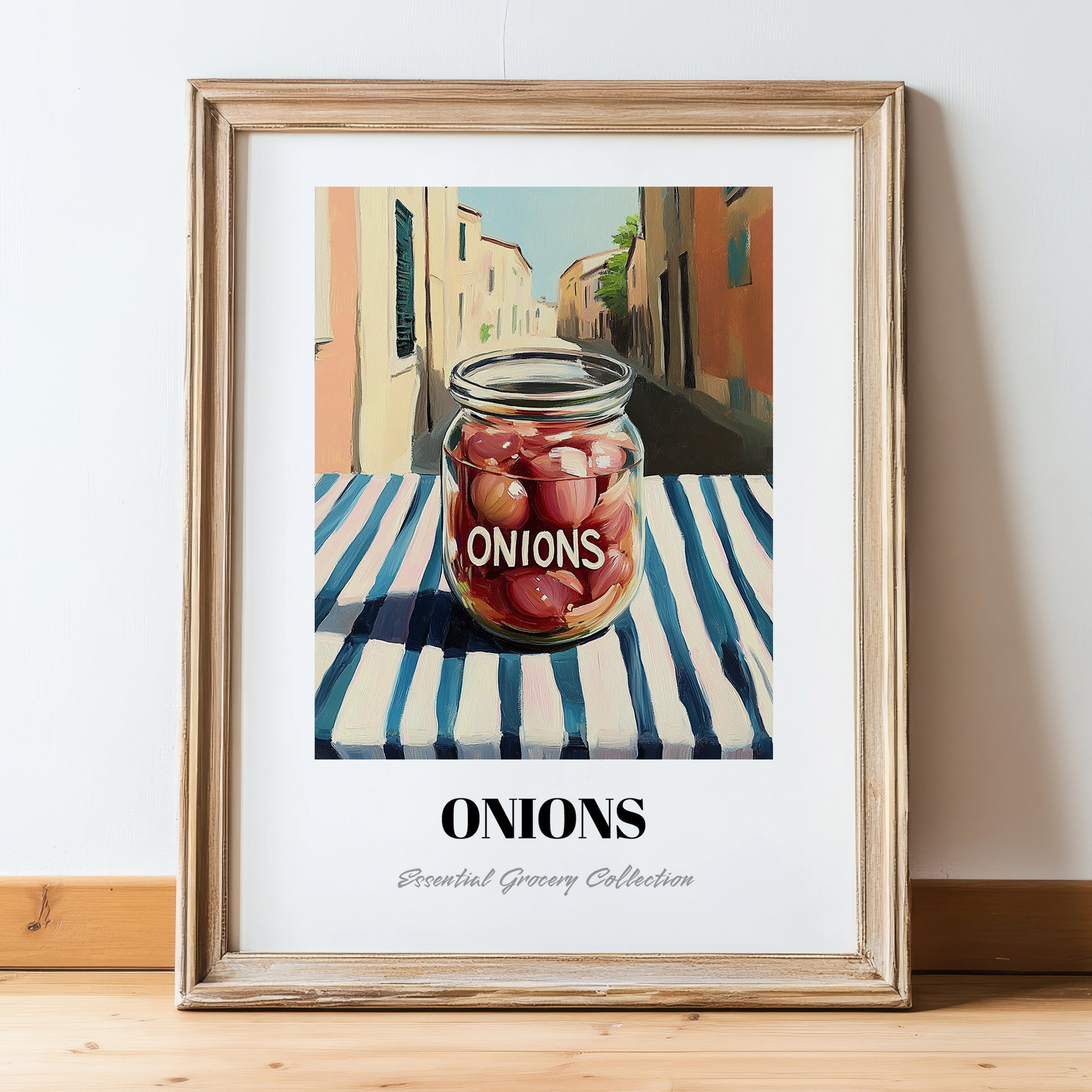 Onions – Italian Street Café Scene, Canned Vegetables Wall Poster, in wooden frame leaning on the floor