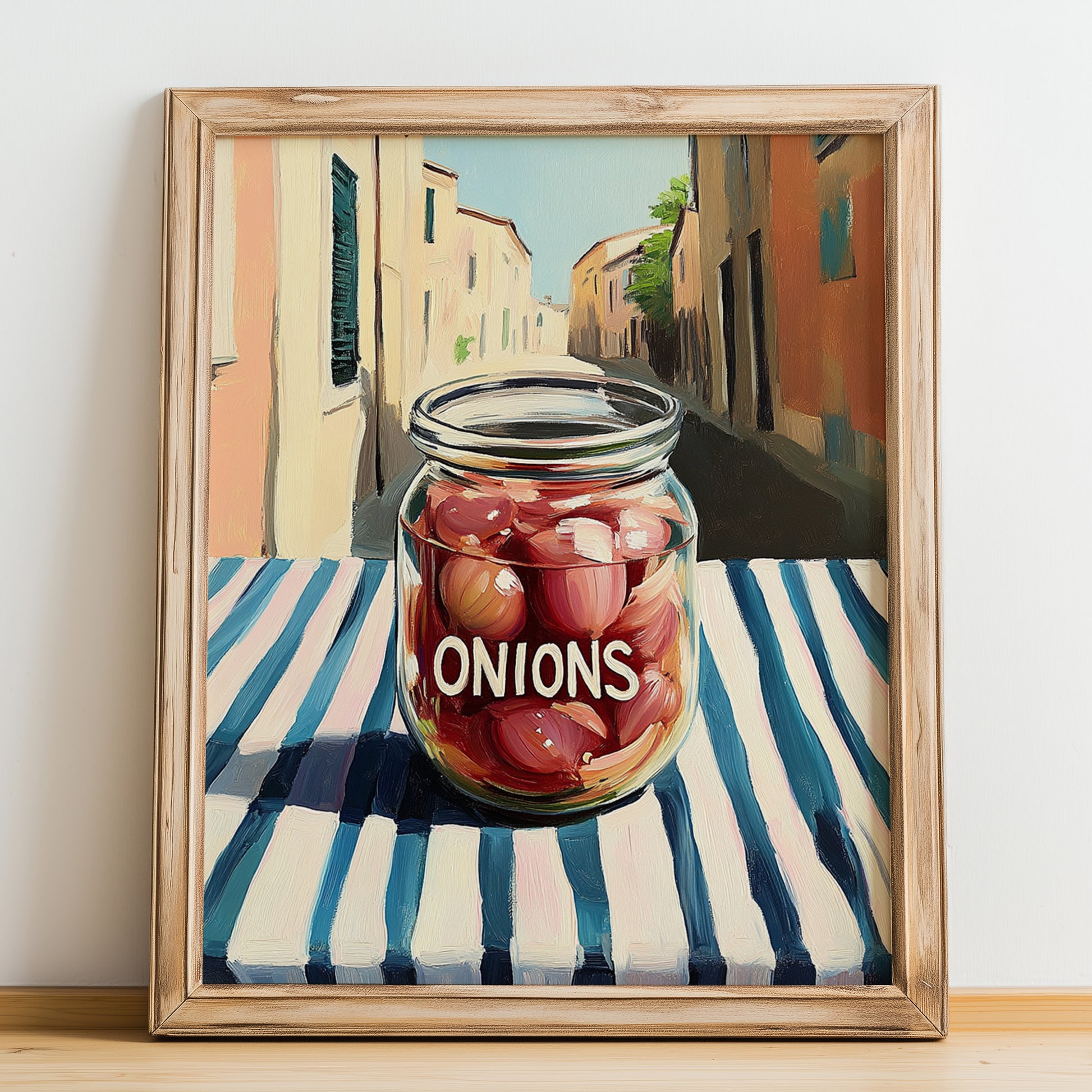 Onions – Italian Street Café Scene, Canned Vegetables Wall Poster, no-text version framed in wood