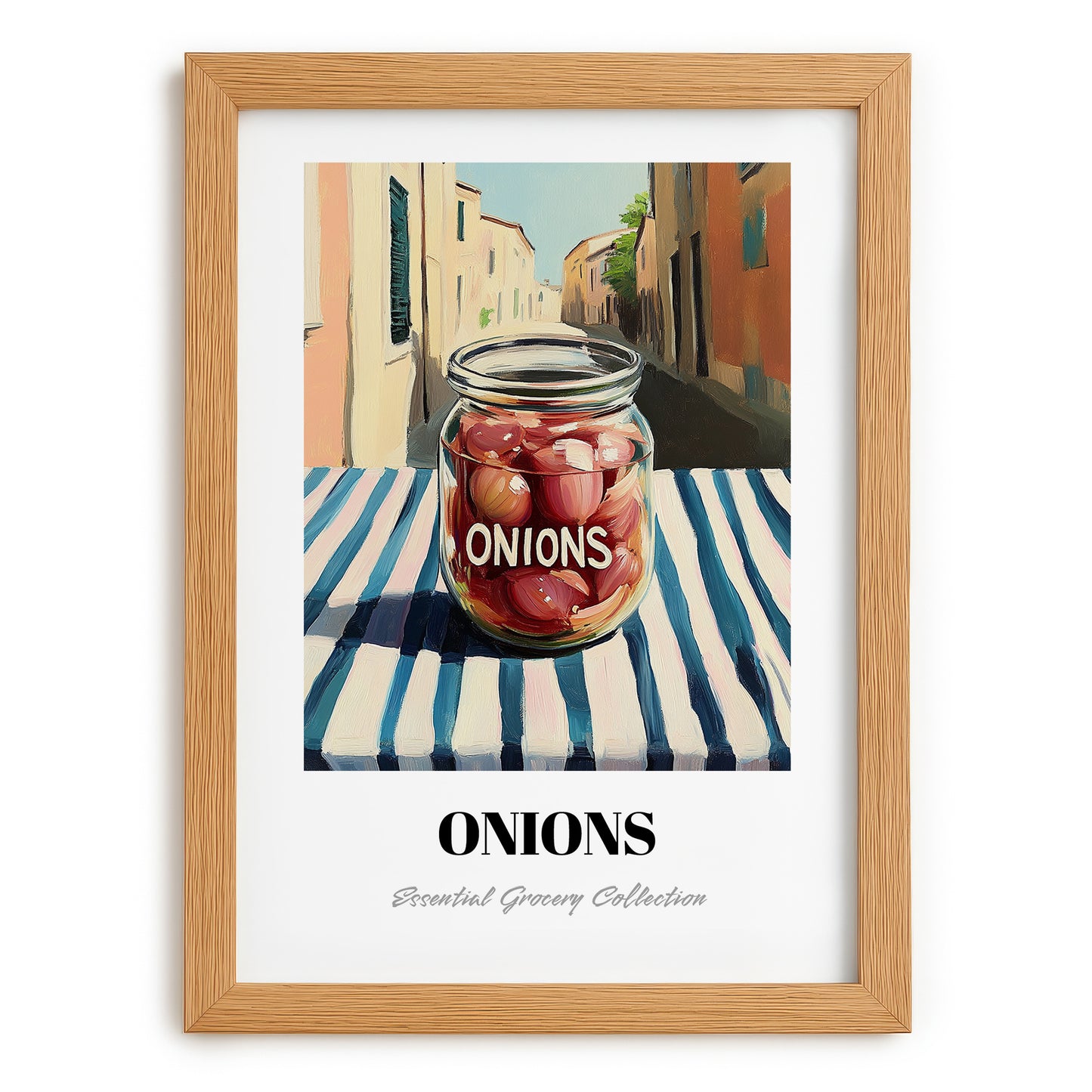 Onions – Italian Street Café Scene, Canned Vegetables Wall Poster, set in oak frame