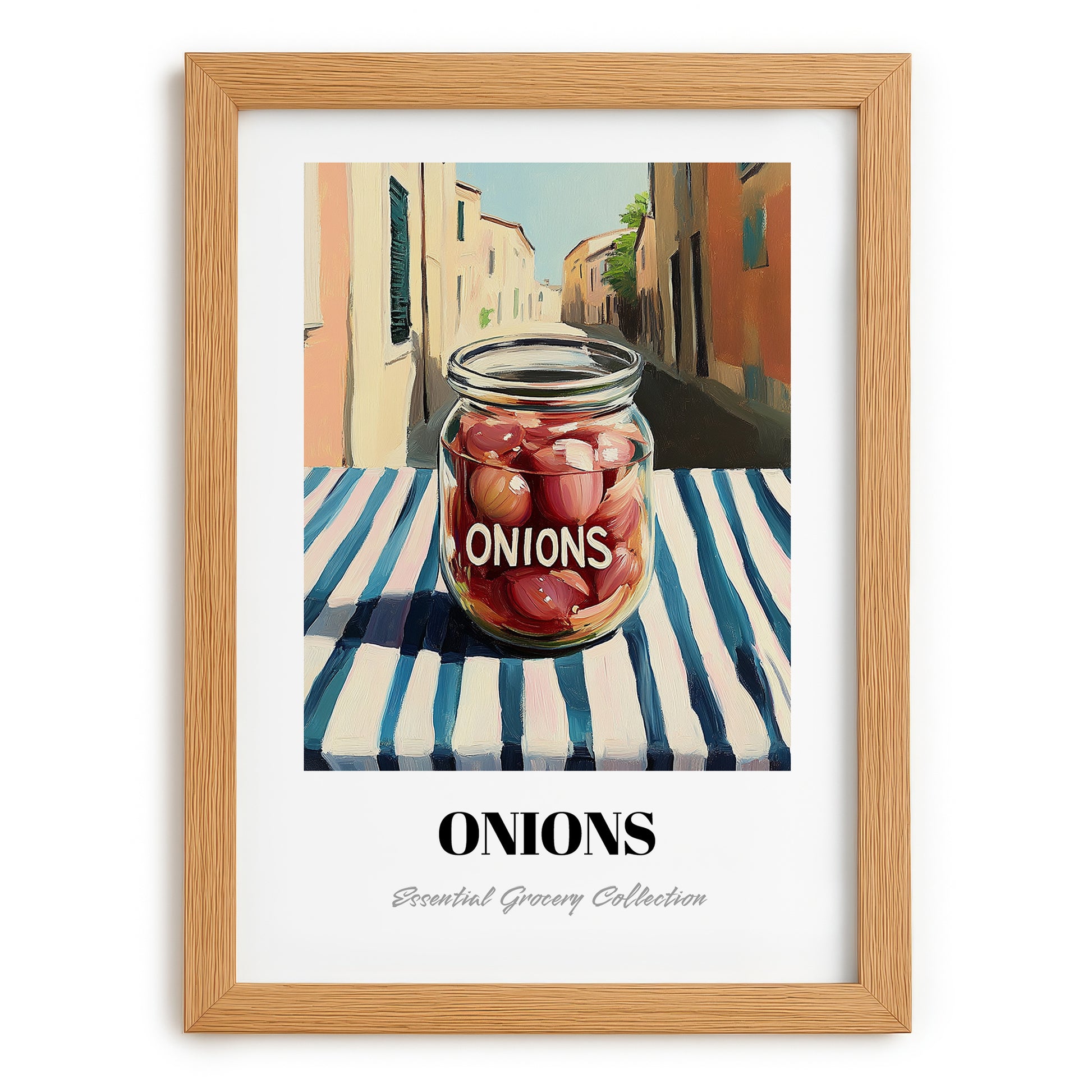 Onions – Italian Street Café Scene, Canned Vegetables Wall Poster, set in oak frame