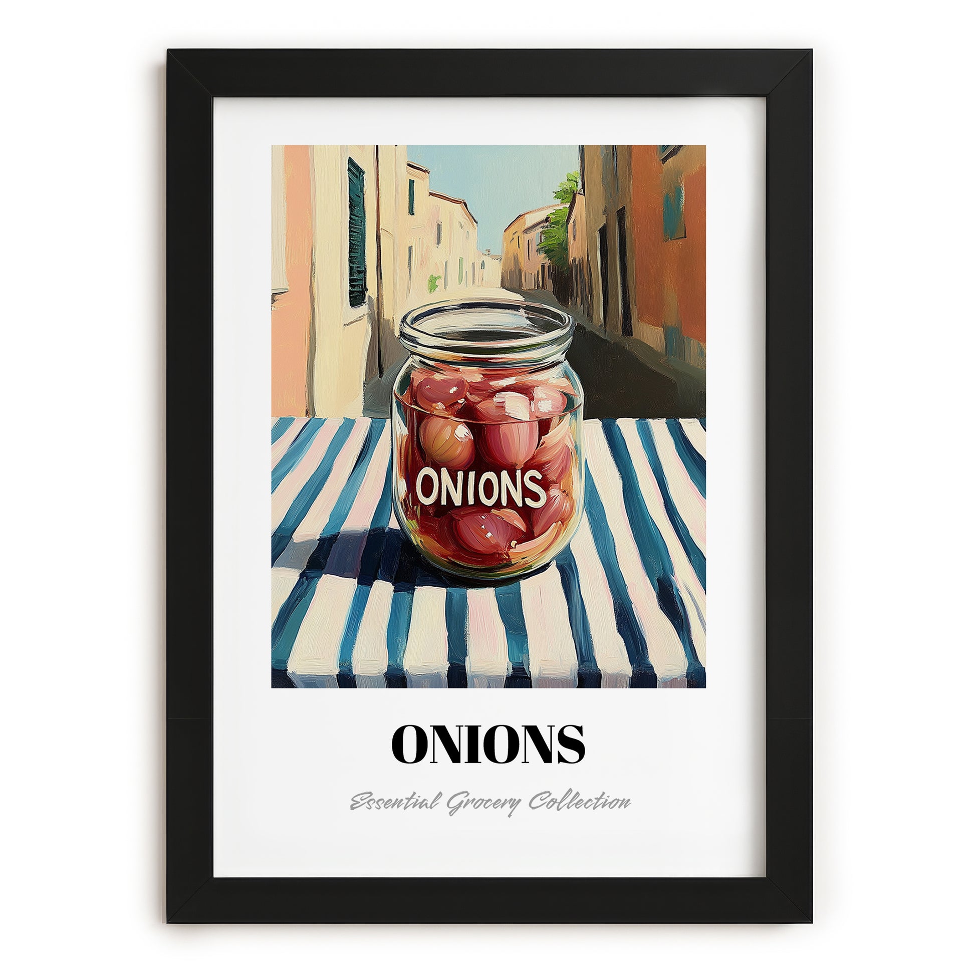 Onions – Italian Street Café Scene, Canned Vegetables Wall Poster, in sleek black frame
