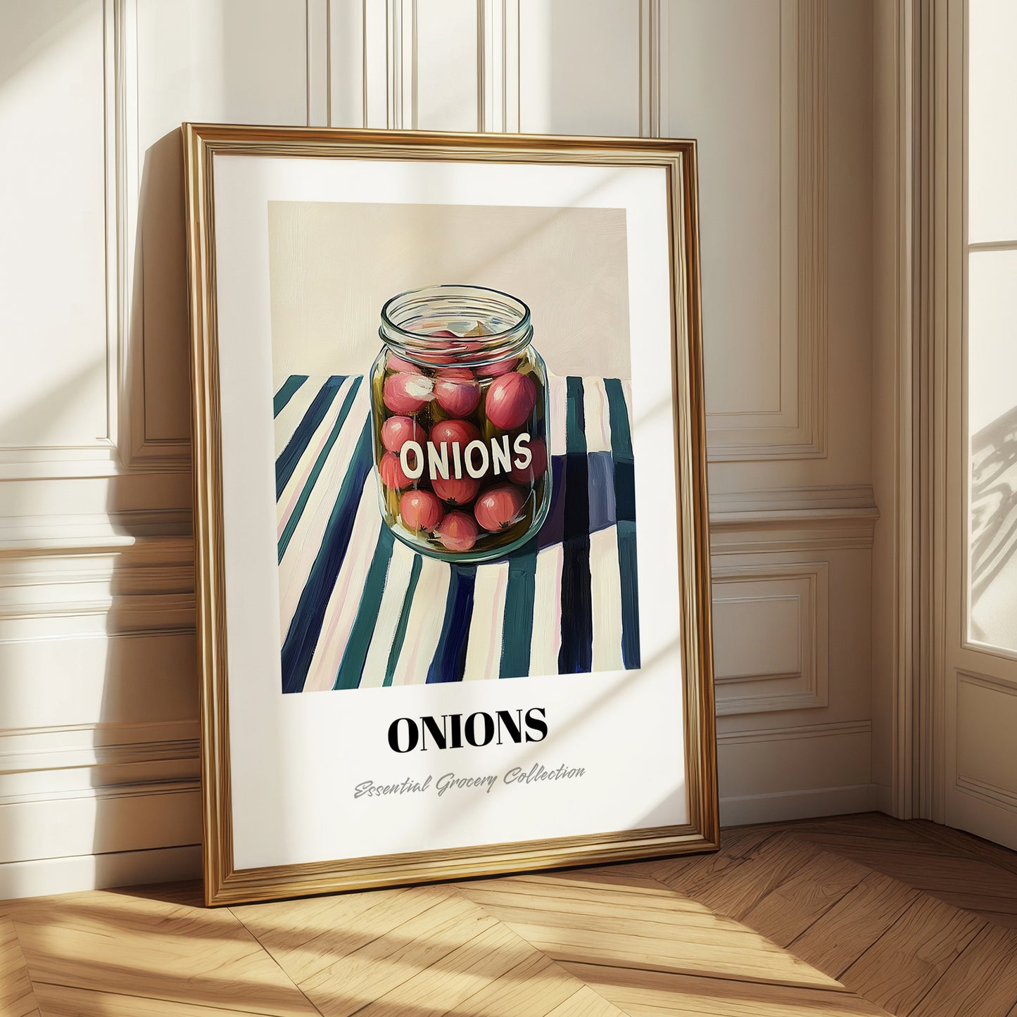 Onions – on Striped Tablecloth, Canned Vegetables Poster