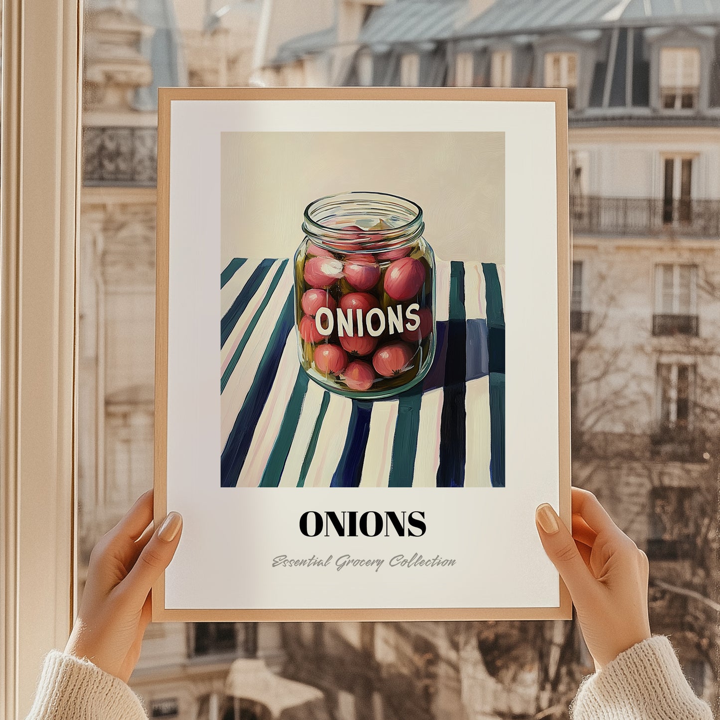 Onions – on Striped Tablecloth, Canned Vegetables Poster, styled in a charming Paris street view