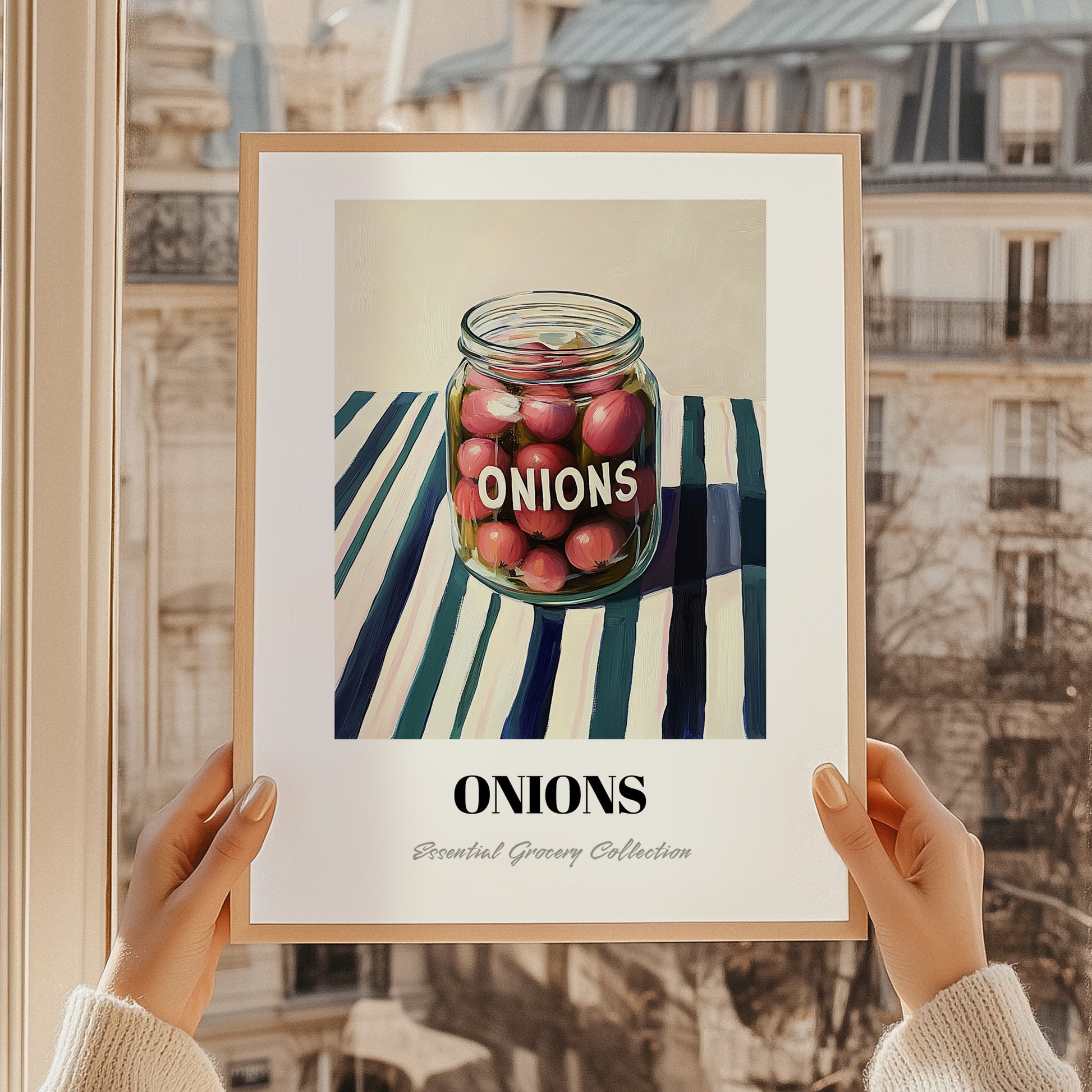 Onions – on Striped Tablecloth, Canned Vegetables Poster, styled in a charming Paris street view