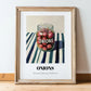 Onions – on Striped Tablecloth, Canned Vegetables Poster, in wooden frame leaning on the floor