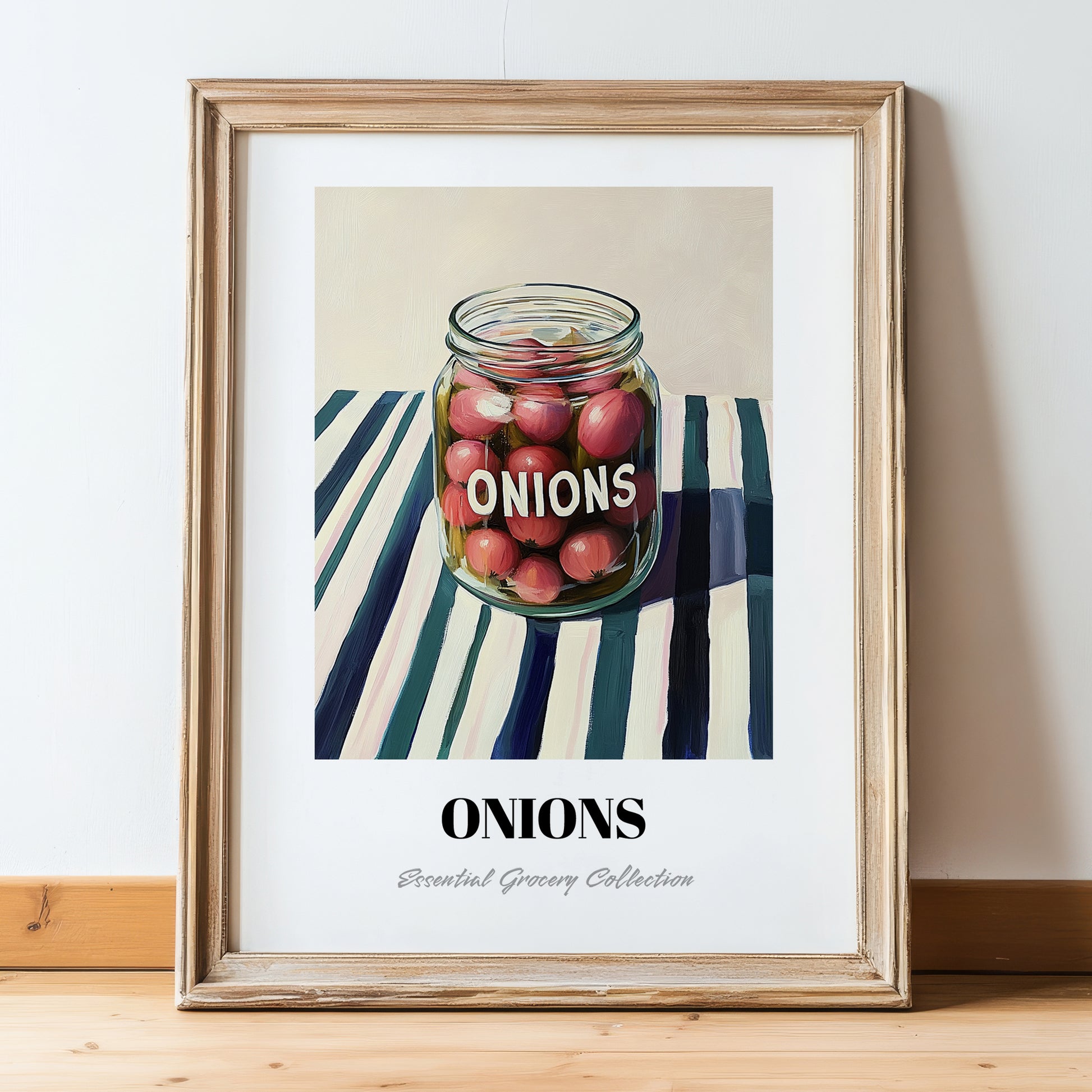 Onions – on Striped Tablecloth, Canned Vegetables Poster, in wooden frame leaning on the floor