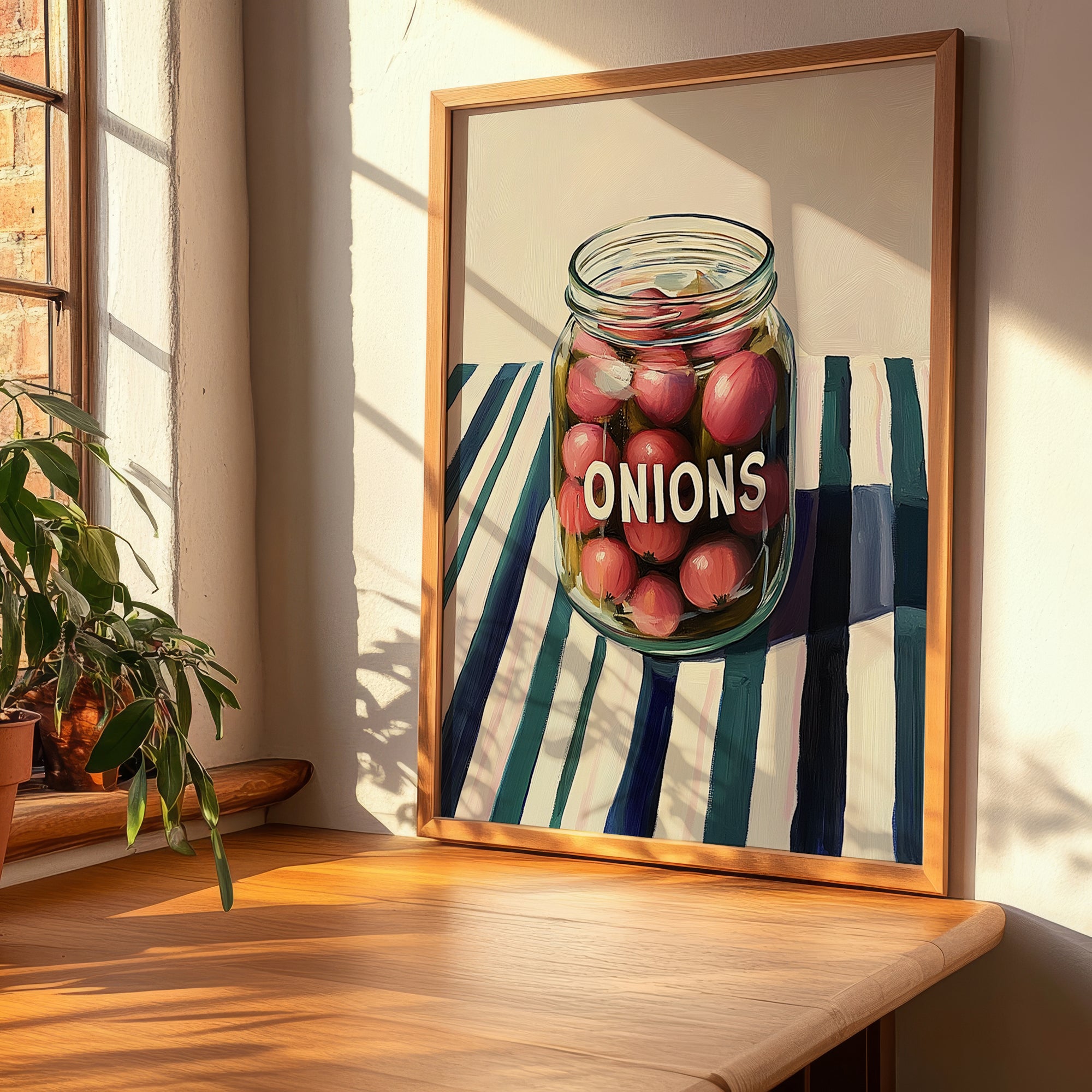 Onions – on Striped Tablecloth, Canned Vegetables Poster, clean layout with no caption