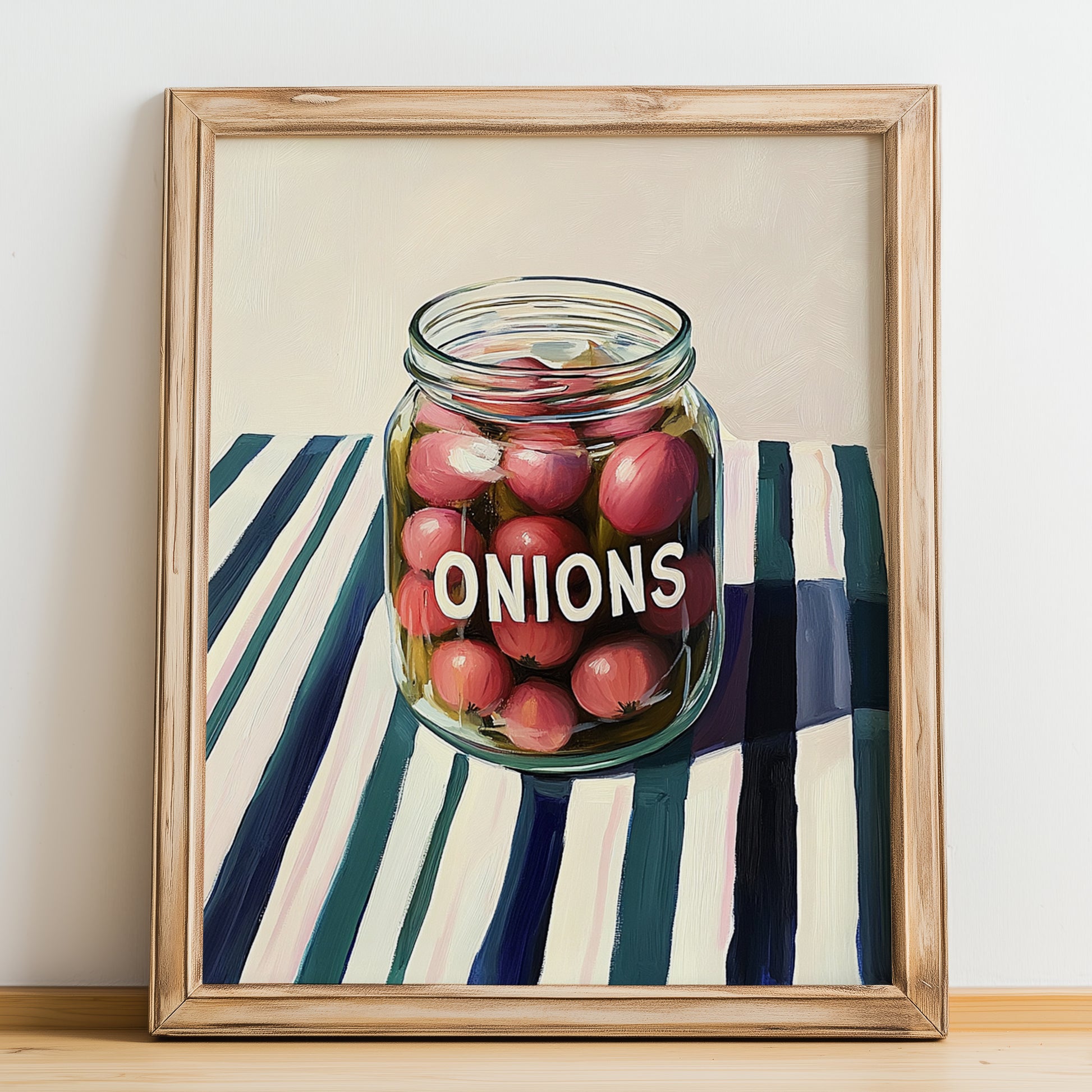 Onions – on Striped Tablecloth, Canned Vegetables Poster, no-text version framed in wood