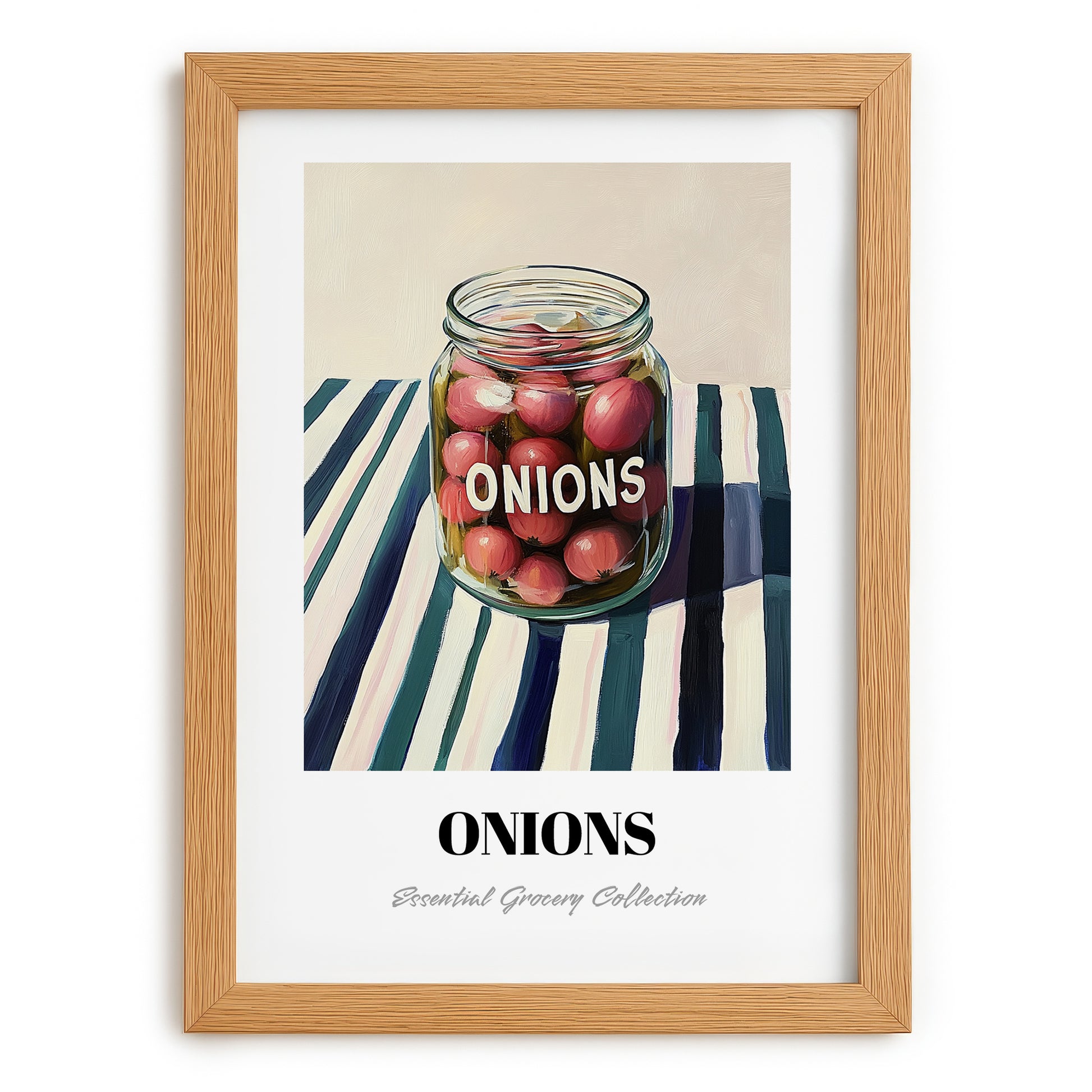 Onions – on Striped Tablecloth, Canned Vegetables Poster, set in oak frame