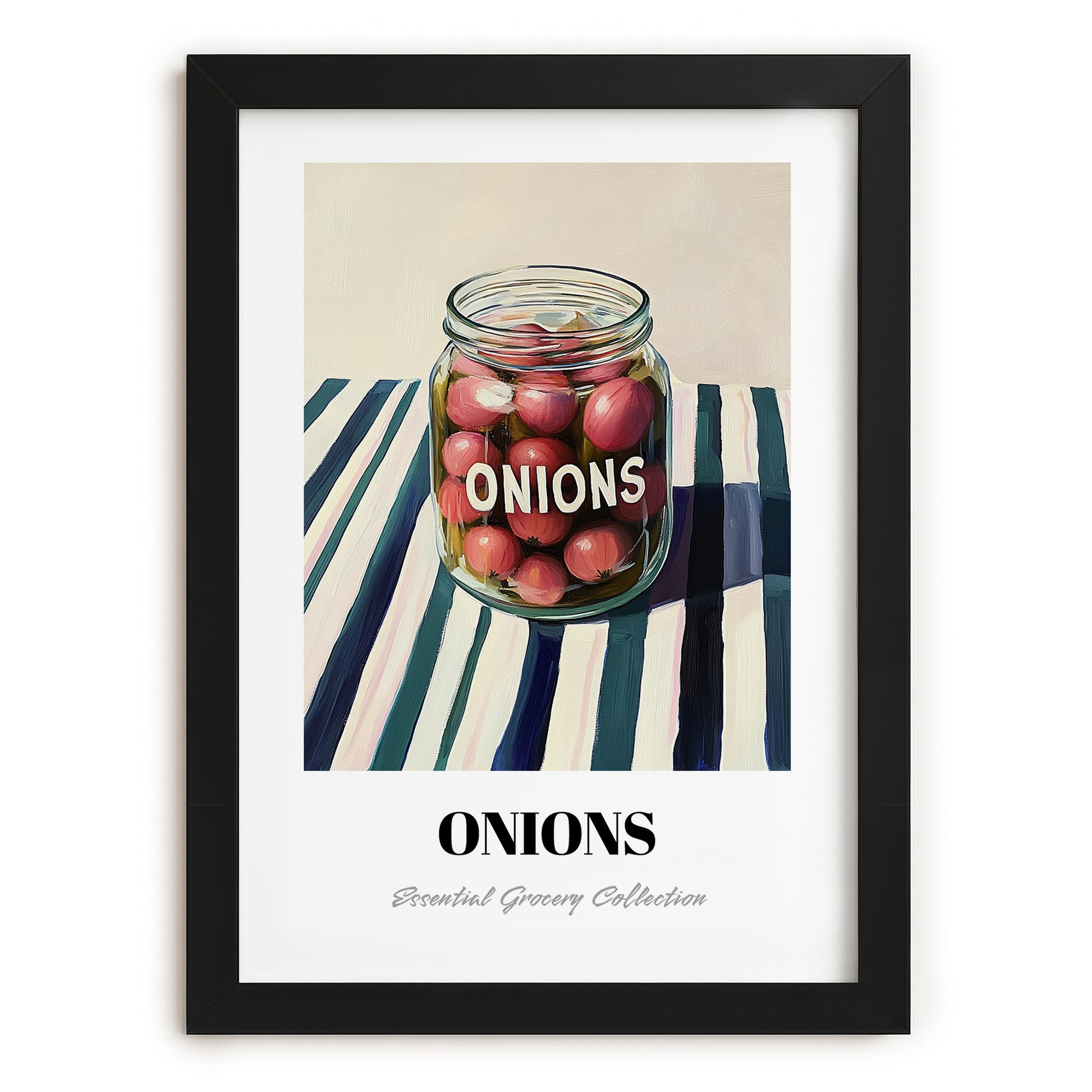 Onions – on Striped Tablecloth, Canned Vegetables Poster, in sleek black frame