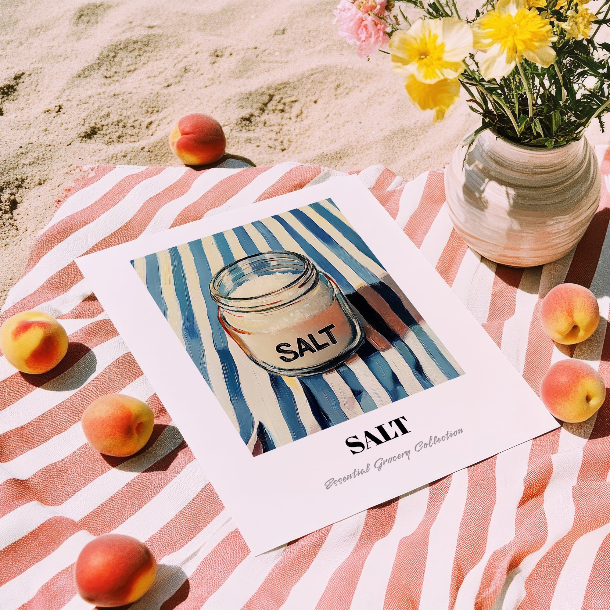 Salt – on Striped Tablecloth, Spices Art, unframed on coastal sand