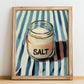 Salt – on Striped Tablecloth, Spices Art, no-text version framed in wood