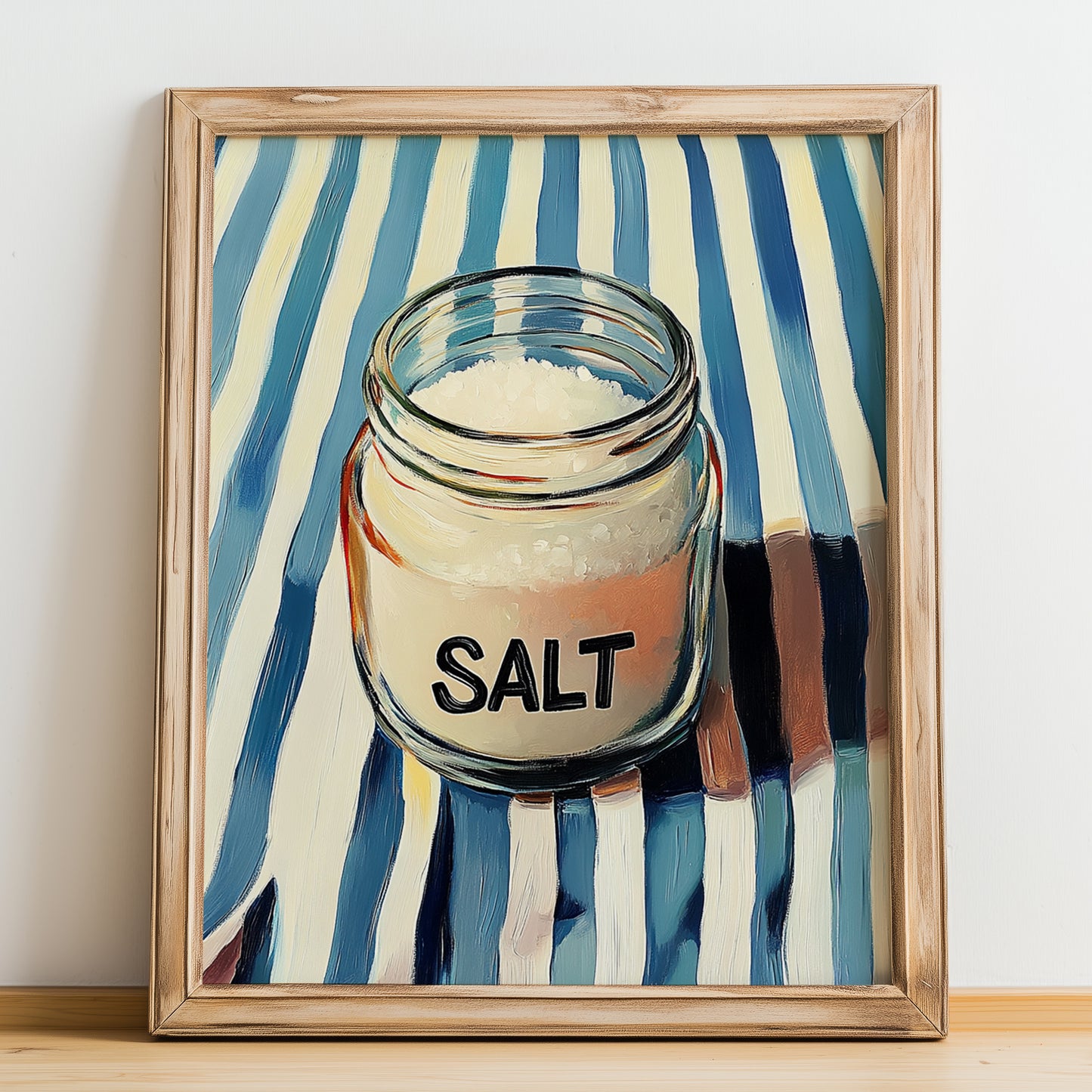 Salt – on Striped Tablecloth, Spices Art, no-text version framed in wood